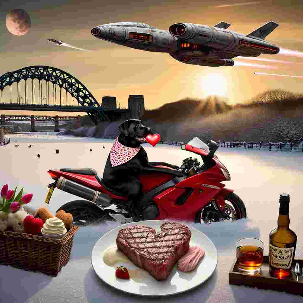 On Valentine's day, a heartwarming picture unfolds with a black Labrador wearing a bandana adorned with a thematic heart pattern. The dog speeds through a landscape blanketed with snow on a fiery red sports motorbike, the iconic Tyne Bridge is seen in the backdrop. Accompanying the motorbike in the sky is an unidentified futuristic, advanced spaceship flying beside like a protective guardian. Sitting in the sidecar of the motorbike, a tantalizing romantic feast awaits; a heart-shaped steak lies next to a bottle of rich premium whiskey, alongside a fresh scoop of vanilla ice cream that anticipates the ending of the hearty meal. As the sun sets, its glow reflects off the powdery snow, adding a shimmering sparkle to this strangely realistic yet humorous setting.
Generated with these themes: Black Labrador riding a red sports motorbike, Tyne bridge, X Wing, Whiskey, Vanilla ice cream, Heart shaped steak, and Snow.
Made with ❤️ by AI.
