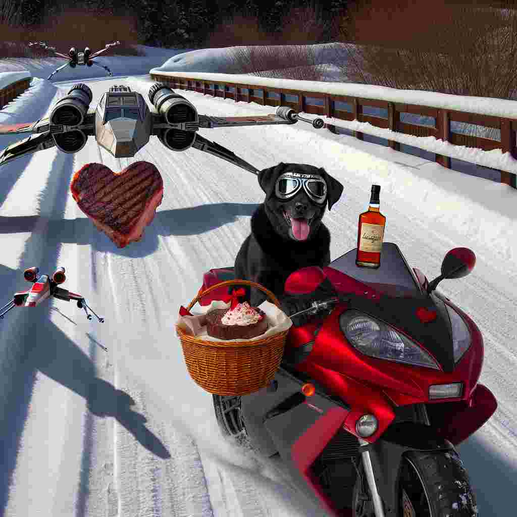 Visualize a fun and playful Valentine’s day scenario involving a happy black Labrador wearing goggles on its head, skillfully guiding a shiny red sports motorbike across a bridge blanketed in snow. Accompanying the dog is an advanced spacecraft, akin to the X-Wing fighters. This intergalactic vehicle seems to be ensuring safe passage for the doggy aviator. This Labrador is on a quest, with a basket attached to the motorbike containing a heart-shaped steak, a bottle of high-quality whiskey, and a helping of vanilla ice cream, all set for a unique love celebration in the winter's cold.
Generated with these themes: Black Labrador riding a red sports motorbike, Tyne bridge, X Wing, Whiskey, Vanilla ice cream, Heart shaped steak, and Snow.
Made with ❤️ by AI.