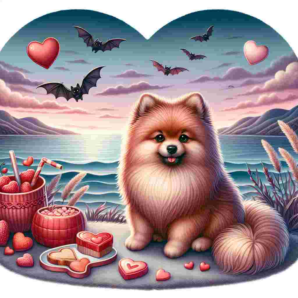 Create an adorable Valentine's Day themed illustration. The main subject is a fluffy, glossy-coated Pomeranian expressing love and companionship. It is comfortably positioned on a tranquil coastline with a backdrop of gentle rolling hills fading into the distance. Heart-shaped food items are cleverly tucked into the landscape near the dog, hinting at a romantic picnic. The nearby ocean enhances the scene's serenity with peaceful waves delicately brushing the shore. In an unusual addition, silhouettes of bats are rhythmically flying in the sky, merging quintessential Valentine's symbols with elements of the night.
Generated with these themes: Pomeranian, Love, Dogs, Coast, Rolling hills, Heart shaped food, Waves, and Bats.
Made with ❤️ by AI.