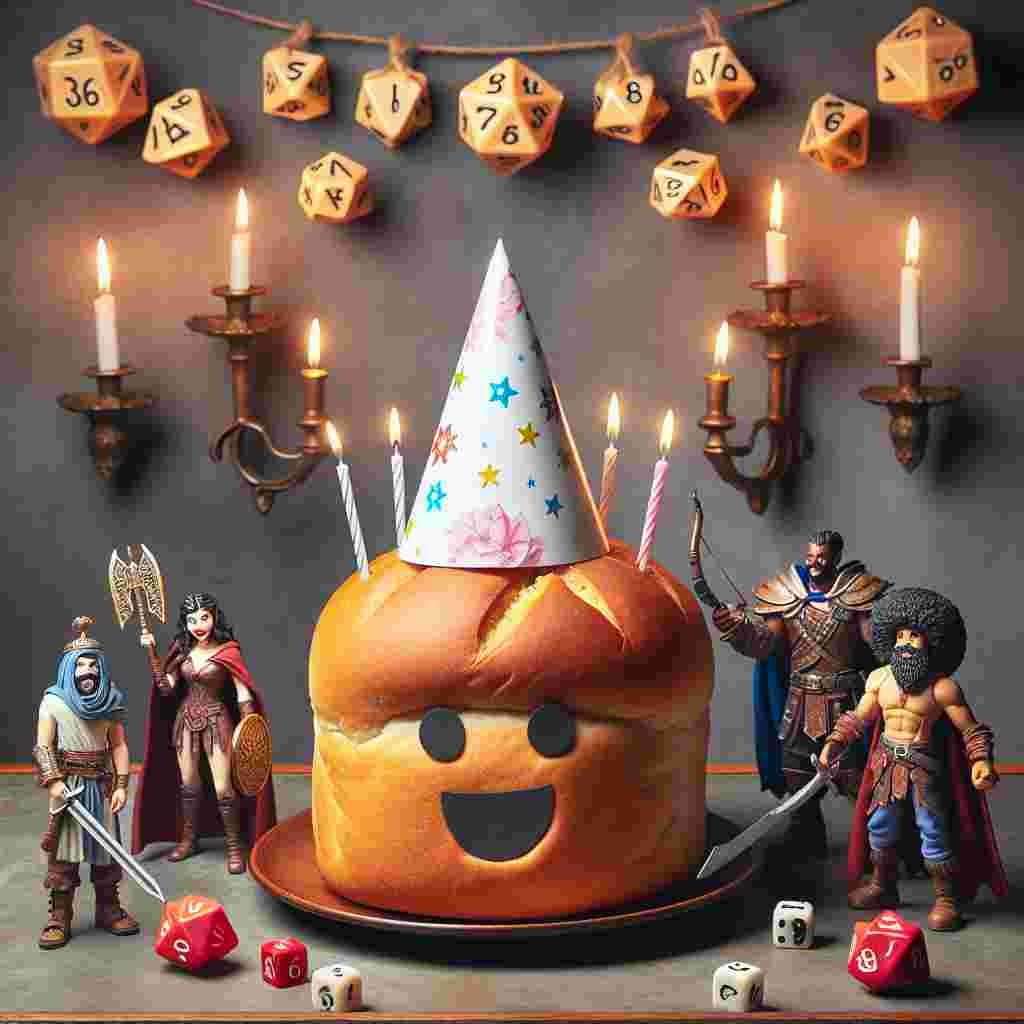 Create a whimsical image of a birthday setting where an oversized loaf of bread wearing a party hat takes the center stage. Around it, visualize a diverse group of adventurers featuring a Middle-Eastern wizard, a Hispanic rogue, and a Black warrior, all depicted in the classic attire of a Dungeons and Dragons game. They are seen rolling dice and holding miniature weapons, appearing ready for a thrilling battle. Enhance the festive atmosphere with a birthday cake, uniquely characterized by candle-lit dice that replace the conventional candles, all hinging on a dungeon-themed celebration.
Generated with these themes: Bread , and Dungeons and Dragons .
Made with ❤️ by AI.