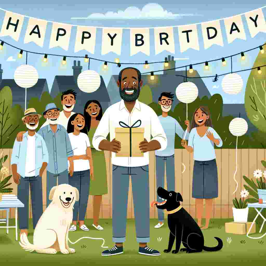 A charming illustration set in a backyard garden, where a happy husband is surrounded by friends and family. Above them hangs a 'Happy Birthday' sign, with string lights and paper lanterns. He's opening a present while a pet dog eagerly waits by his side.
Generated with these themes: happy  husband .
Made with ❤️ by AI.