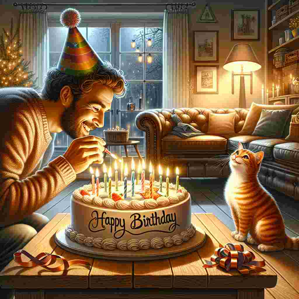 An illustration of a cozy living room filled with festive decorations, a happy husband wearing a party hat, blowing out candles on a birthday cake on the coffee table. The cake has 'Happy Birthday' written on it in icing, with a playful cat playing with ribbon in the background.
Generated with these themes: happy  husband .
Made with ❤️ by AI.