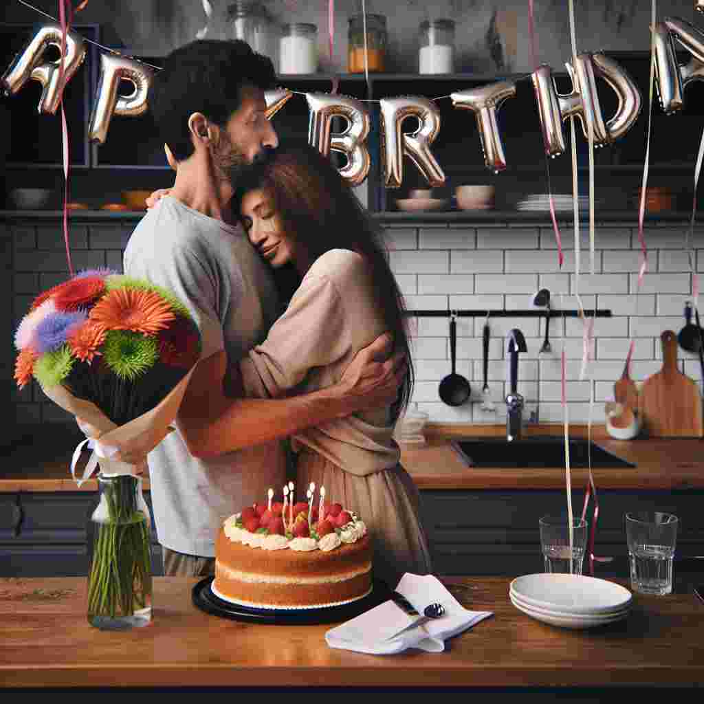 A heartwarming picture of a husband receiving a birthday hug from his wife in a kitchen, with 'Happy Birthday' spelled out on the wall with streamers and balloons. On the counter, a homemade birthday cake sits beside a bouquet of flowers, radiating a sense of love and celebration.
Generated with these themes: happy  husband .
Made with ❤️ by AI.