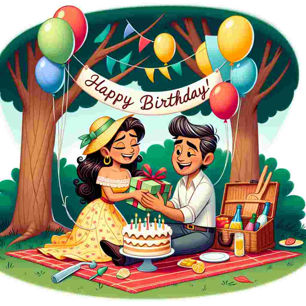 A whimsical scene where a cartoon couple is sitting at a picnic under a tree, with a banner above saying 'Happy Birthday'. The wife is giving a small, wrapped gift to her smiling husband, surrounded by colorful balloons and a cake on a picnic blanket.
Generated with these themes: happy  husband .
Made with ❤️ by AI.