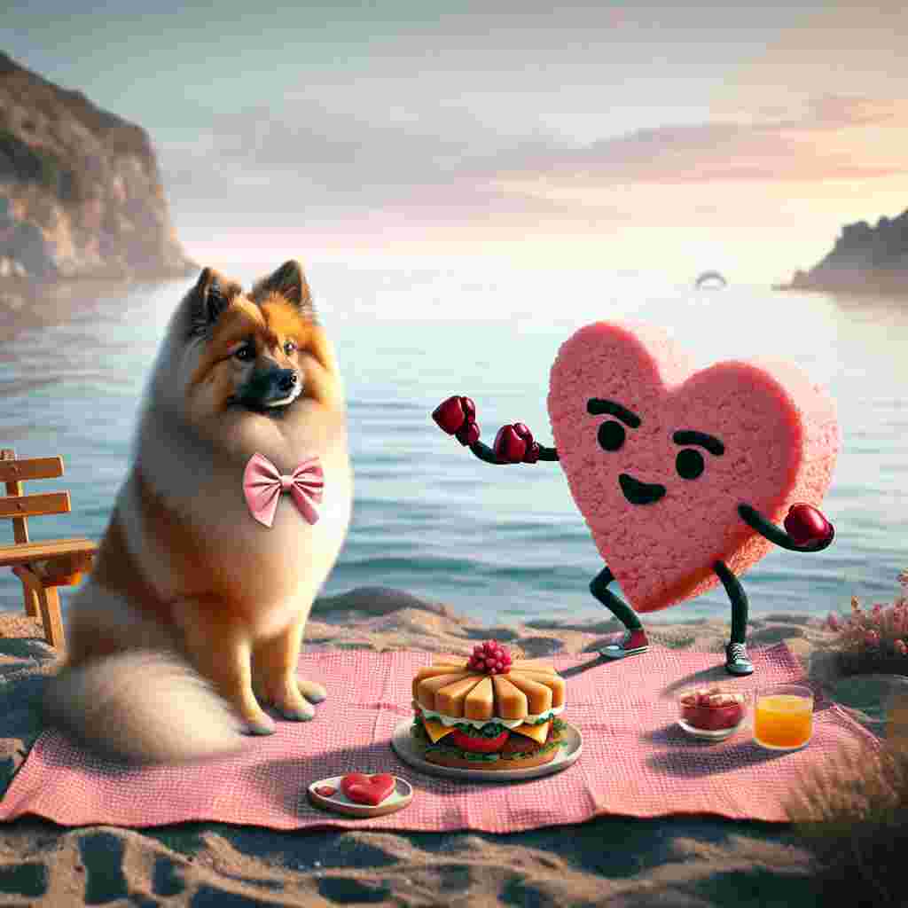 Imagine a charming Valentine's Day illustration. The scene is set on a peaceful coastal area where a fluffy German Spitz is seated. The dog, beautifully adorned with a pink bow, is watching on as two heart-shaped food items, animated to resemble generic characters reminiscent of a classic Fight Club setting, peacefully spar on a picnic blanket. The tranquil ocean makes for a calm backdrop, with nuances of love represented in each component of the artful design.
Generated with these themes: German spitz, Coast, Fight club, and Heart shaped food.
Made with ❤️ by AI.