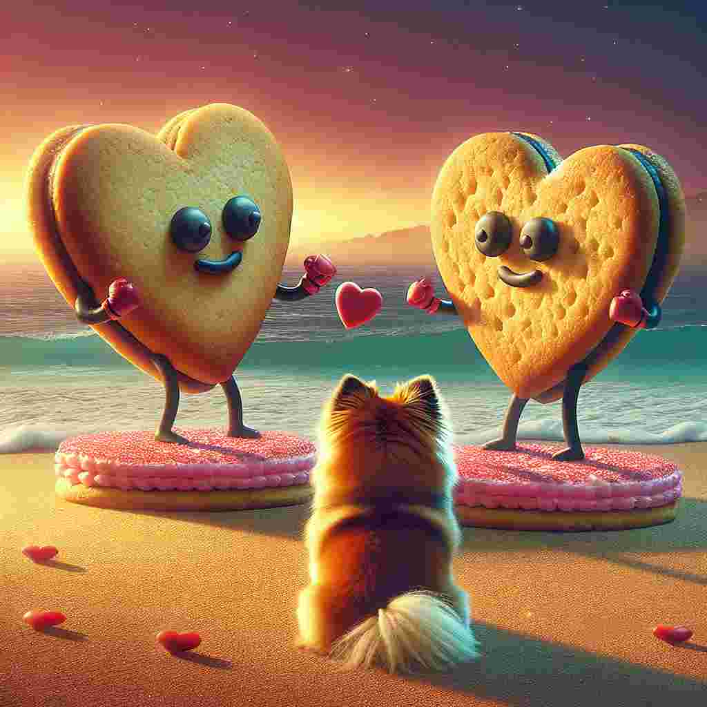 A fantastical Valentine's Day illustration showcasing a small German Spitz observing a comedic faux battle between two heart-shaped cookies on a seashore. The amusing quarrel of the cookies represents the concept of Fight Club but in an affectionate manner on a sandy beach. The subtle luminescence and the tender waves infuse a beautiful romantic atmosphere into this extraordinarily warm and charming scene.
Generated with these themes: German spitz, Coast, Fight club, and Heart shaped food.
Made with ❤️ by AI.