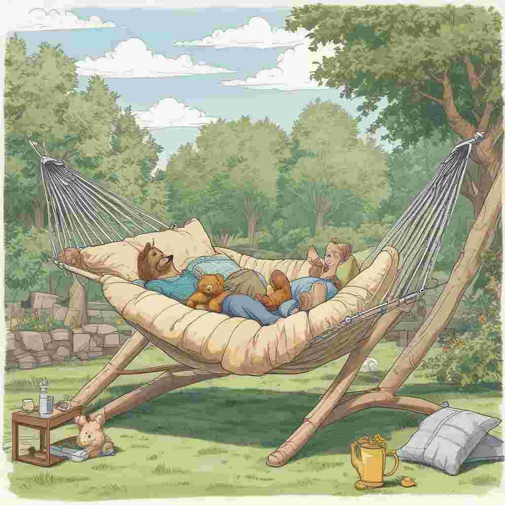 Illustration Funny, Illustrate a humorous outlook for Father's Day, foreshadowing a calm backyard setup, as the focus of the entire scenario. At the heart of the frame, imagine an exaggeratedly spacious hammock, drooping due to the pressure of multiple plump cushions. Resting on the top cushion there is an ancient teddy bear, deep in slumber, donning a hand-made paper crown with a cheeky and playful inscription of 'King of the Grill'. A mild breeze irritates an abandoned wine bottle precariously balanced on a petite garden table, evidencing the joyous event that occurred earlier that day. In the frame's marginal area, a lively banner reading 'World's Greatest Dad' sways subtly, each of its letters seeming to participate in a silent but heartfelt laughter, hinting at an unheard joke.
Generated with these themes: Sleeping , and Drinking wine .
Made with ❤️ by AI.