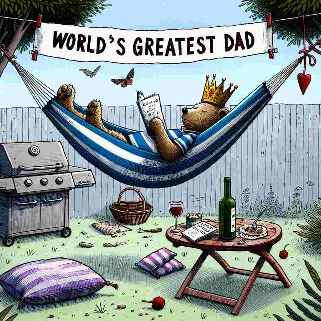 Illustrate a humorous outlook for Father's Day, foreshadowing a calm backyard setup, as the focus of the entire scenario. At the heart of the frame, imagine an exaggeratedly spacious hammock, drooping due to the pressure of multiple plump cushions. Resting on the top cushion there is an ancient teddy bear, deep in slumber, donning a hand-made paper crown with a cheeky and playful inscription of 'King of the Grill'. A mild breeze irritates an abandoned wine bottle precariously balanced on a petite garden table, evidencing the joyous event that occurred earlier that day. In the frame's marginal area, a lively banner reading 'World's Greatest Dad' sways subtly, each of its letters seeming to participate in a silent but heartfelt laughter, hinting at an unheard joke.
Generated with these themes: Sleeping , and Drinking wine .
Made with ❤️ by AI.