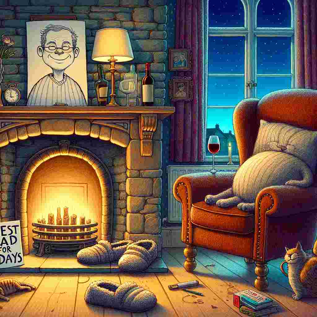 Create an enchanting illustration of a snug living room during Father's Day celebrations. The scene includes a caricature drawn by a child, resting visibly on the fireplace mantle. The quirky drawing portrays a figure with a kindly smile, and the words 'Best Dad' inscribed underneath. On the floor beneath the mantle, there are two huge, comically mispaired slippers, indicating the invisible presence of a father. A rotund house cat is blissfully snoozing on a padded armchair. Beside the armchair, on a diminutive side table, rests a wine glass, almost depleted, radiating the soft luminescence of the twilight. Additionally, a book filled with playful 'Dad Jokes for Days' is left open, hinting at a joyous day filled with laughter and bonding.
Generated with these themes: Sleeping , and Drinking wine .
Made with ❤️ by AI.