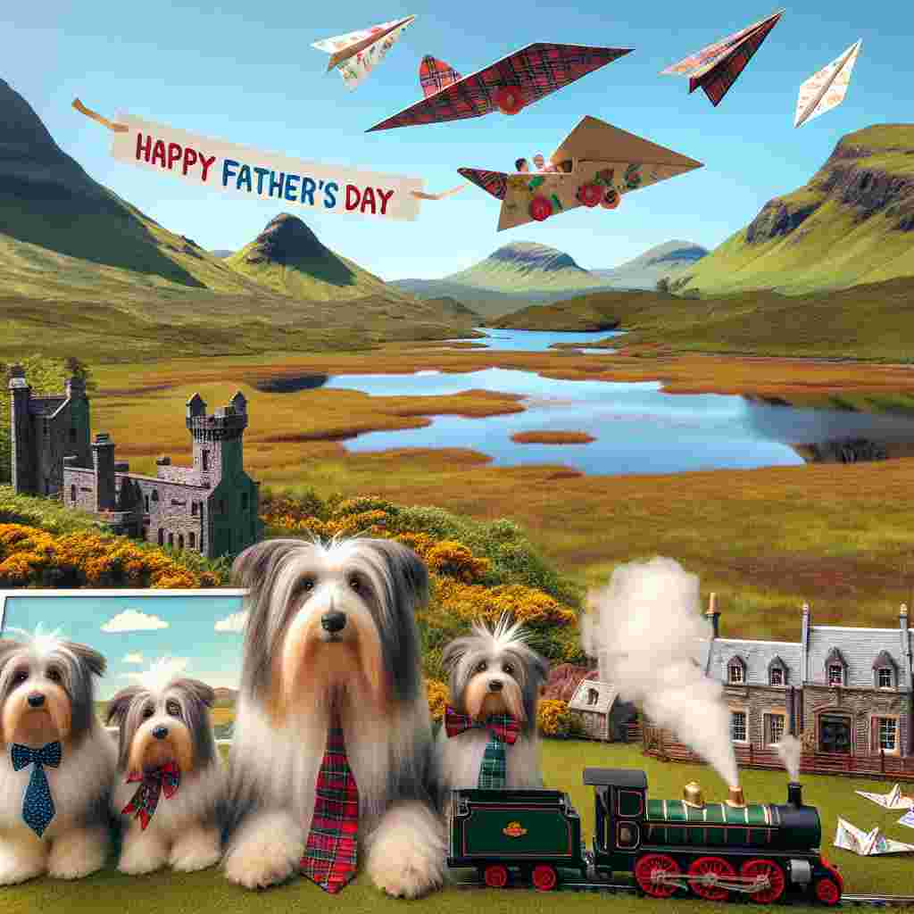 In this heartwarming scene centered around Father's Day, a family of Bearded Collies, decorated with tartan bows, are playfully running around in an exuberant meadow located in the scenic landscapes of Scotland. In the background, temporary rolling green hills and a tranquil loch mirror the remarkable blue sky. A vibrant 'Happy Father's Day' banner stands significantly in the picture. Above, paper planes adorned with whimsical drawings are floating in the air. Below, a scaled-down steam train draped with Father's Day banners swerves around miniature stone castles, adding a dash of historical charm to the festive celebration.
Generated with these themes: bearded collie dogs, scotland, planes and trains .
Made with ❤️ by AI.