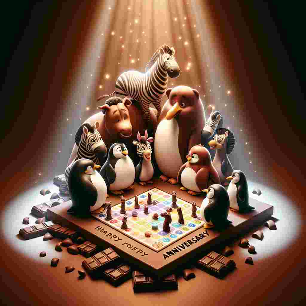 Create an anniversary-themed image bathed in a warm, chocolatey ambiance. The spotlight of the illustration is on a group of playful penguins and zebras engrossed in a board game. Their merriment and camaraderie serve as a symbol of the shared journey of a special couple. The animals' interactions and the vibrant board game in the center of the scene stand as beloved elements resonating with the togetherness and unique bond of the couple.
Generated with these themes: Boardgames , Chocolate , Penguins , and Zebras .
Made with ❤️ by AI.