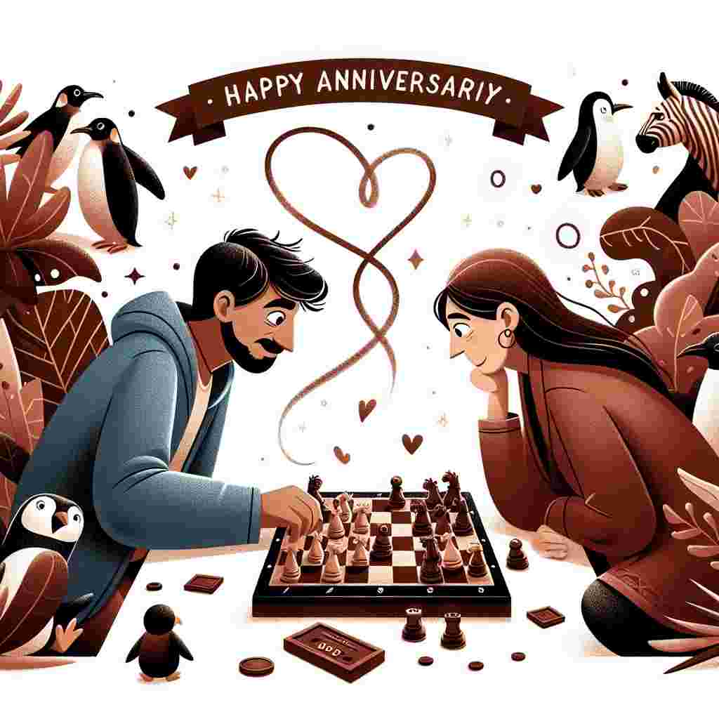 Create a thoughtful illustration to commemorate an anniversary featuring a South Asian man and a Caucasian woman, deeply engaged in playing a board game. The backdrop of the scene whimsically combines chocolate-brown hues and playful wildlife, with penguins and zebras curiously peering over the game board, creating a symbol of cherished moments and shared hobbies.
Generated with these themes: Boardgames , Chocolate , Penguins , and Zebras .
Made with ❤️ by AI.