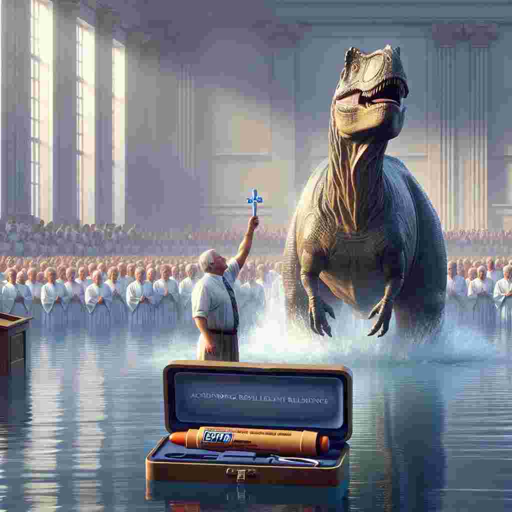 A solemn, realistic scene is unfolding, where a celebration is taking place. In this notable event, large, majestic dinosaurs are standing as silent sentinels, mirroring the enduring resilience of the guest of honor. This ceremony, reminiscent of a baptism, acknowledges and honors the person's past struggles. The person is rising from a symbolic baptismal pool, triumphant and strong. An EpiPen discreetly tucked in their pocket serves as a reminder of the silent battles faced and the adversities handled with bravery. The scene symbolizes that with perseverance and courage, overwhelming obstacles can be overcome and new milestone moments can be etched in the annals of personal history.
Generated with these themes: Baptism, Dinosoars, and Epipen.
Made with ❤️ by AI.