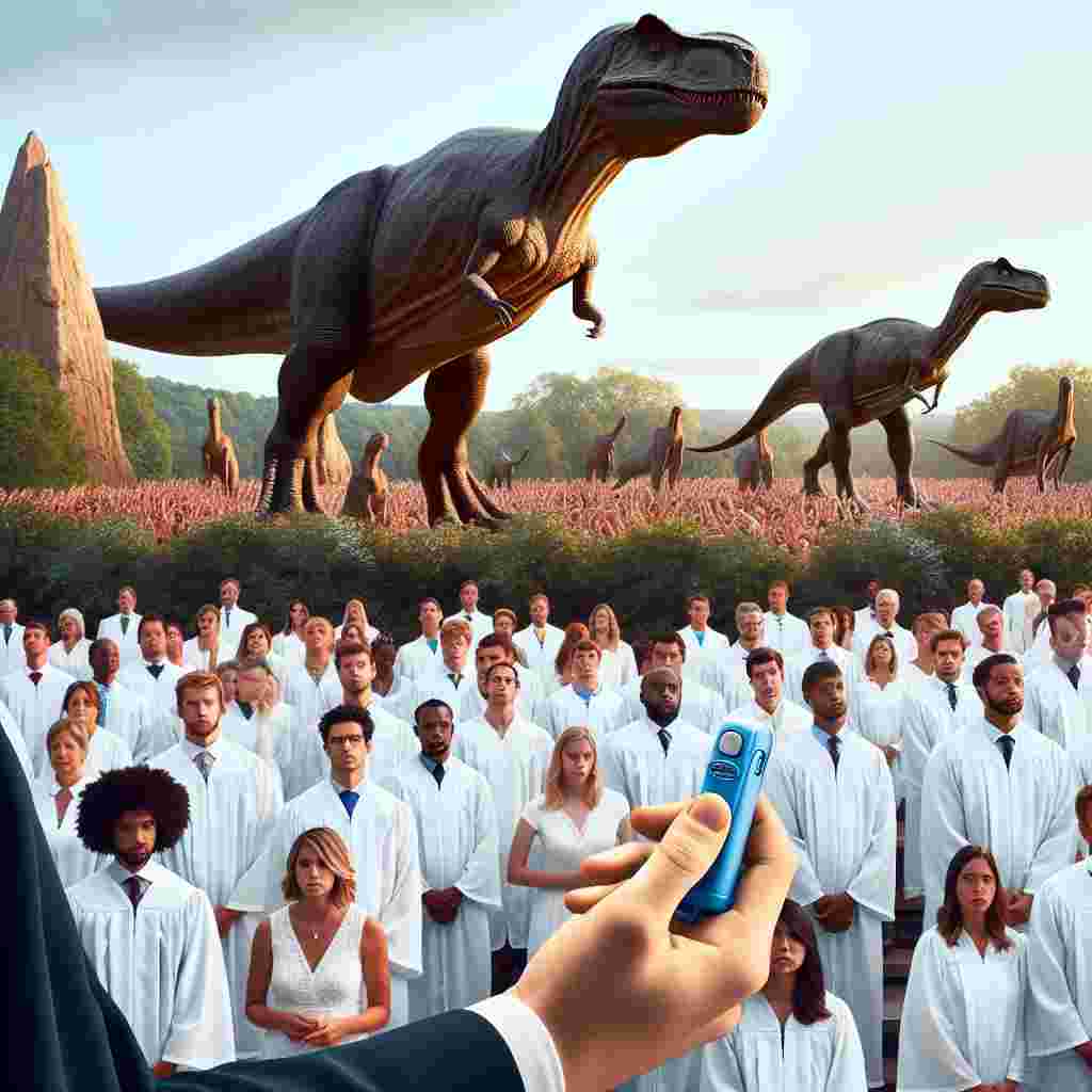 Visualize a solemn, realistic scene where the gravity of accomplishment hangs in the air. Dinosaur sculptures tower in the background, symbolizing challenges that have been overcome. A mixed gathering of loved ones, individuals of White, Black, Hispanic, Middle-Eastern, and South Asian descent, both men and women, form a modern tribe witnessing a baptism of achievement. In the foreground, a hand of unspecified gender holds an EpiPen, embodying preparedness and resilience. This image captures not just a celebration, but the evolution of a resilient spirit.
Generated with these themes: Baptism, Dinosoars, and Epipen.
Made with ❤️ by AI.