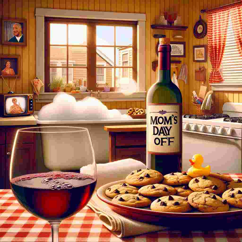 A warm and inviting kitchen scene replete with the smell of freshly baked cookies cooling on the counter, signifying a Mother's Day celebration. The cookies are joined by a bottle of red wine with a fun, whimsical label stating 'Mom's Day Off' on a checkered tablecloth. An open wine glass full of red, fine wine seems to twinkle as if joining in a toast to all things motherhood. A small television on the windowsill plays a sitcom of suburban life, harmonizing with the environment's playful and mature humor. The scene vaguely alludes to a waiting bubble bath adorned with a rubber ducky and creatively-placed towel, providing a relaxing edge to the scene.
Generated with these themes: Red wine, Baking , Desperate housewives , Cookies , and Bath time .
Made with ❤️ by AI.