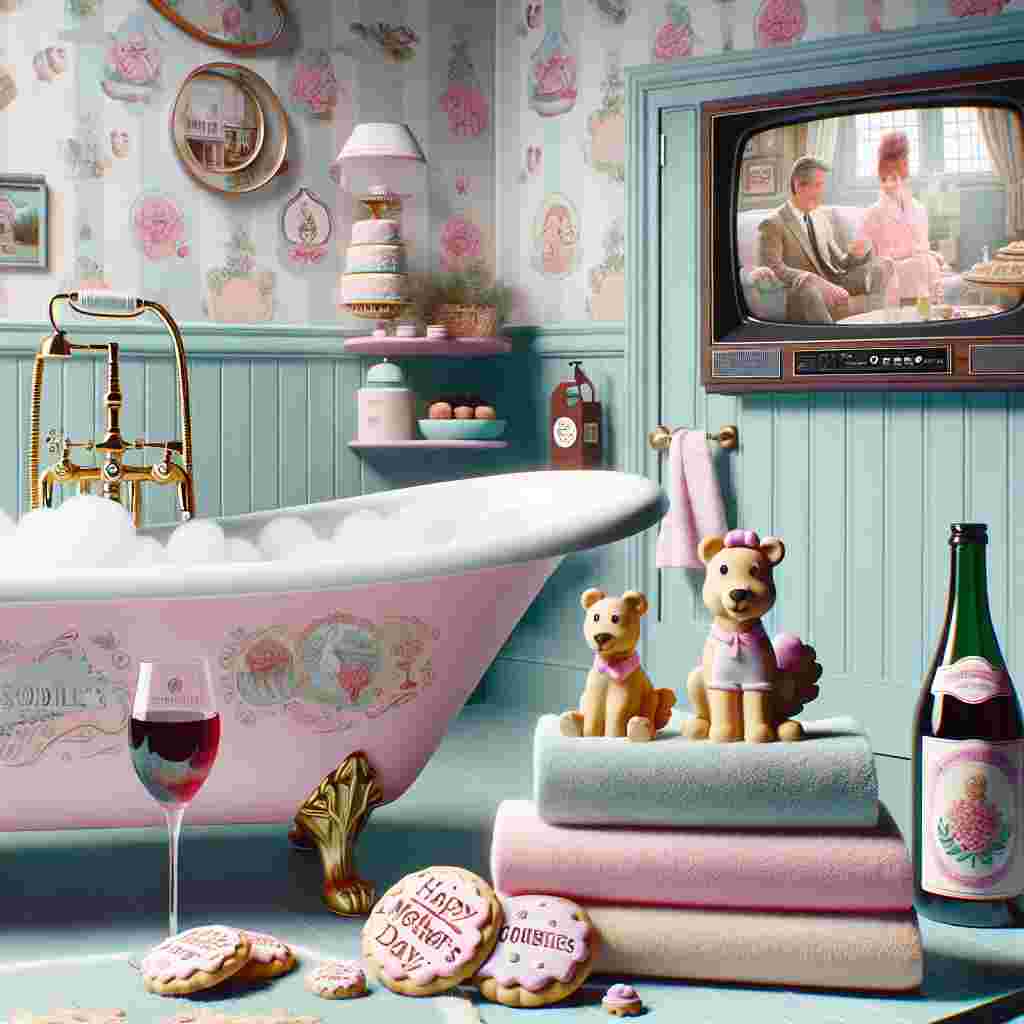 The setting is a pastel-toned bathroom encapsulating the spirit of Mother's Day with playful, animated adornments. A vintage claw-foot tub steals the limelight, brimming with bubbles forming whimsical shapes which remind one of a well-known television logo. Plush towels, delightfully fashioned like cookies, are stacked nearby, while the delightful aroma of actual baking filters in from an unseen kitchen. A dainty, hand-painted bottle of red wine is stationed close to a wine glass, both charmingly designed with heartening 'Happy Mother's Day' messages. To the side, a soothing television drama episode plays subtly in the backdrop, creating an ideal ambience for a relaxing bath.
Generated with these themes: Red wine, Baking , Desperate housewives , Cookies , and Bath time .
Made with ❤️ by AI.