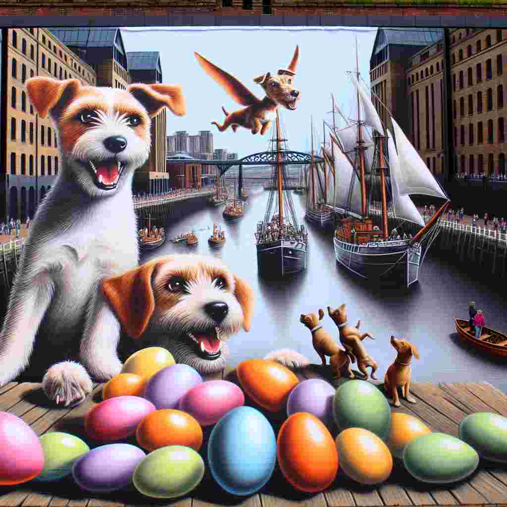 An Easter-themed portrayal featuring dogs as the main stars of an imaginative film festival in the city of Newcastle. These joyful dogs are depicted avidly pursuing Easter eggs within a small scale representation of the Quayside. Iconic classic movies are being projected onto the sails of the vessels moored along the stretch of the River Tyne. The overall composition combines the festive spirit of Easter with the region's rich cinematic culture, resulting in a charming and spirited scene.
Generated with these themes: Dogs, films, Newcastle .
Made with ❤️ by AI.