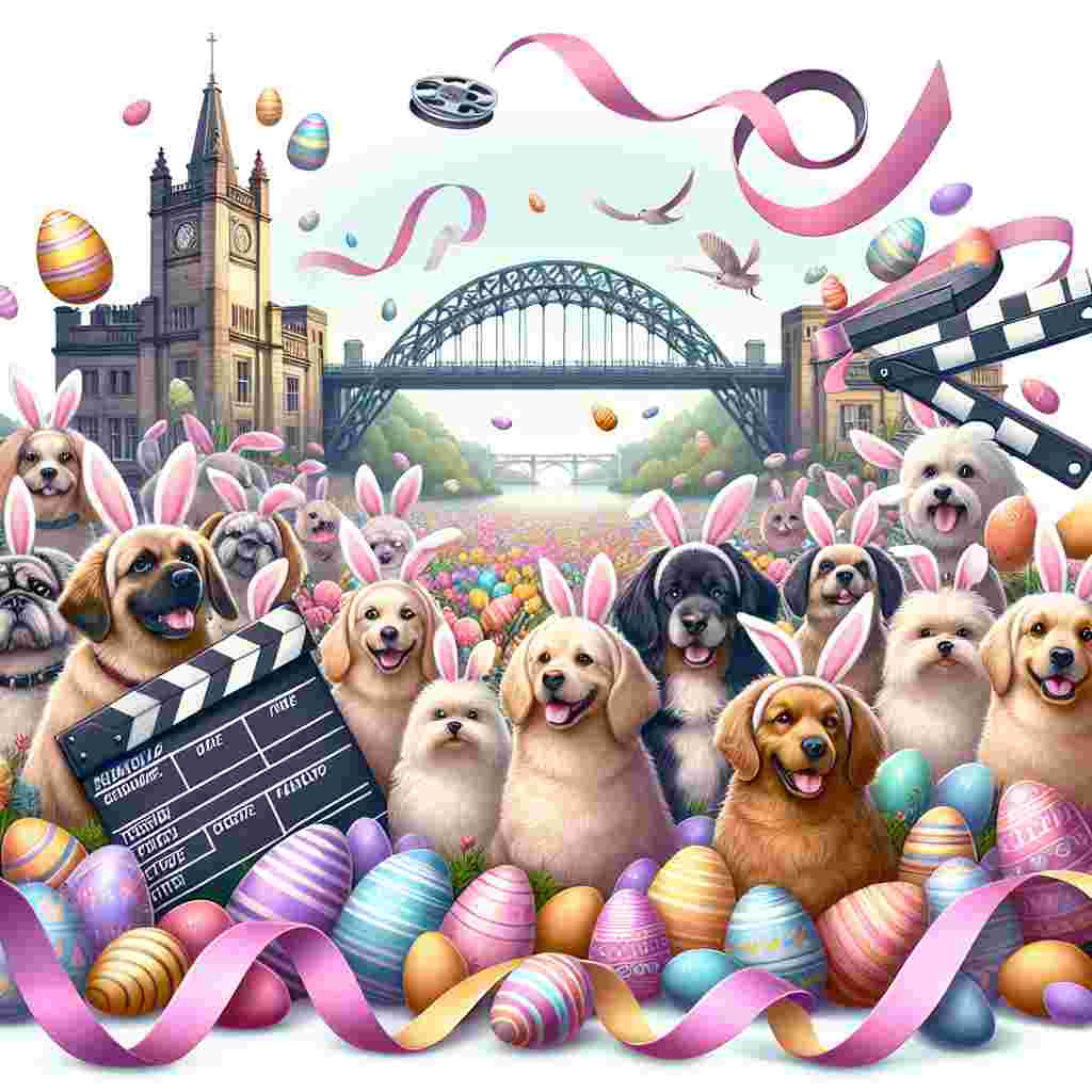 Create an enchanting illustration of an Easter-themed setting. The scene is brimming with playful dogs of various breeds sporting bunny ears as they joyfully frolic among a field of colorful Easter eggs. Cinematic elements, like coiled film reels and clapperboards festooned with pastel ribbons, subtly sprinkle the scene, hinting at a film festival. Looming subtly in the background, iconic landmarks of Newcastle such as the historic Tyne Bridge are ingeniously integrated into the tableau, accentuating the charm of the holiday spectacle.
Generated with these themes: Dogs, films, Newcastle .
Made with ❤️ by AI.