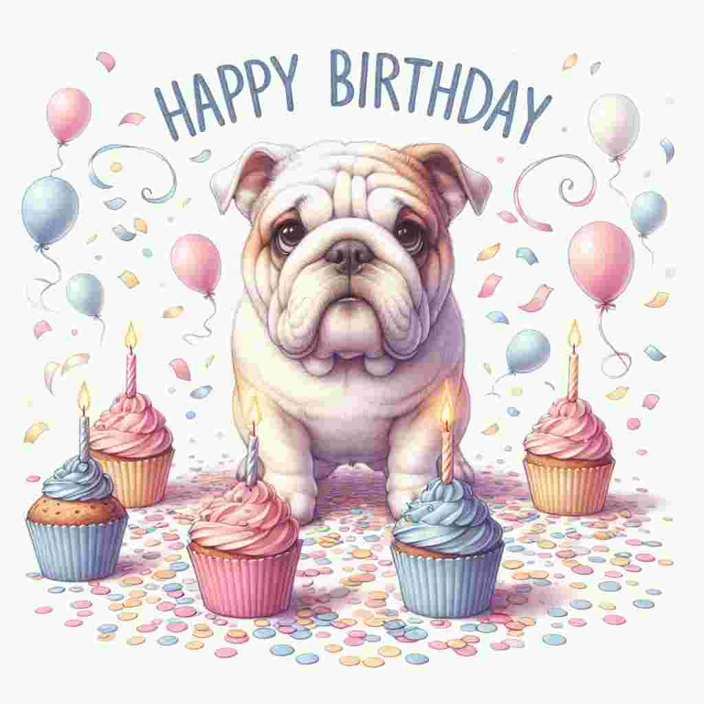 A pastel-themed illustration showcasing a bulldog with big, innocent eyes surrounded by floating confetti and a few cupcakes with a single candle on each. The text 'Happy Birthday', in whimsical handwriting, is positioned in the top corner of the scene.
Generated with these themes: Bulldog  .
Made with ❤️ by AI.