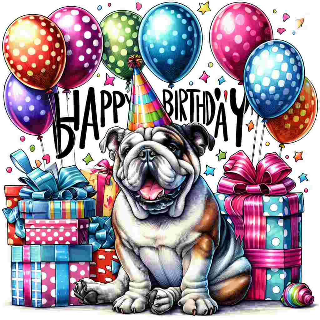 A vibrant birthday card illustration featuring a cheerful bulldog wearing a colorful party hat sitting amidst an array of wrapped presents. Balloons float around with the text 'Happy Birthday' elegantly written above the scene in a playful, bold font.
Generated with these themes: Bulldog  .
Made with ❤️ by AI.