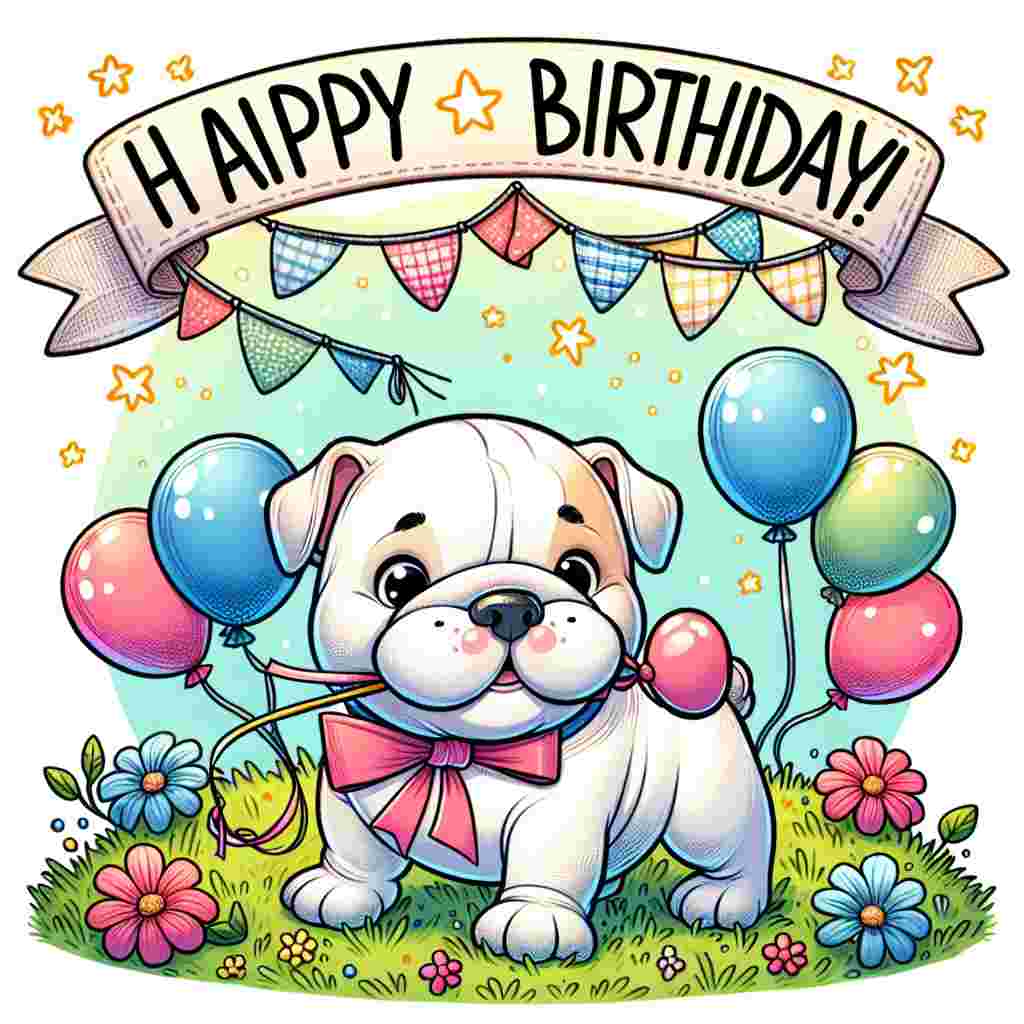 A cartoon-style birthday setup with a lovable bulldog in the center, holding a balloon in its mouth. A banner with the words 'Happy Birthday' drapes across the top, festooned with little stars, while the bulldog sits on a grassy hill with a few flowers dotting the foreground.
Generated with these themes: Bulldog  .
Made with ❤️ by AI.