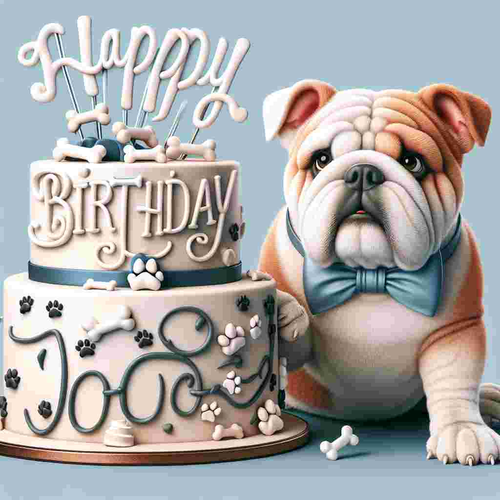 An adorable scene where a bulldog with a cute bow tie is peeking out from behind a giant birthday cake decorated with bones and paw prints. The words 'Happy Birthday' curve around the top of the cake in icing-like lettering.
Generated with these themes: Bulldog  .
Made with ❤️ by AI.