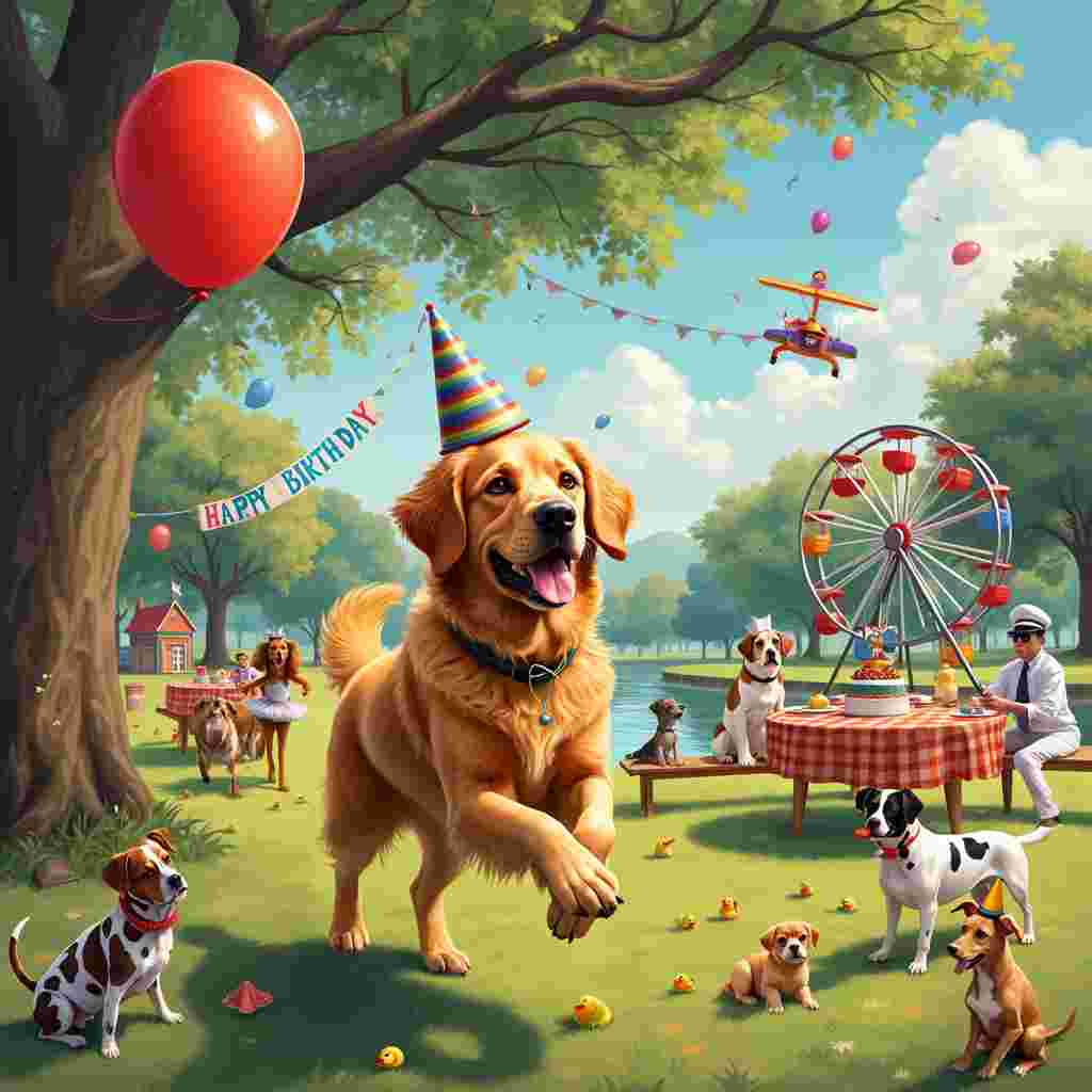 Imagine a vibrant park on a sunny day, bustling with playful activity. In the foreground, a large, exuberant Golden Retriever named Max, wearing a colorful party hat tilted slightly to one side, is chasing after a red balloon. The balloon, tethered to his tail, floats whimsically behind him. Surrounding Max, a variety of dogs of different breeds and sizes are engaged in various comical antics: a Basset Hound with droopy ears, dressed as a magician, is pulling an endless string of sausages out of a top hat; nearby, a Chihuahua in a tutu is performing an awkward ballet routine on a picnic table, while a Bulldog in aviator goggles flies a remote-controlled plane shaped like a bone overhead.

In the background, under a large oak tree with balloons tied to its branches, a festive "Happy Birthday" banner flutters in the breeze. A long table is set up, adorned with a bright checkered tablecloth, overflowing with doggy treats, a tiered cake shaped like a giant paw print, and bowls of punch. Two Dalmatians, both wearing chef hats, are busily decorating the cake with paw prints and bones.

Beside the table, a Dachshund dressed as a clown is juggling tennis balls, while a group of puppies eagerly watch and try to catch the balls that fall. To the right, a beagle detective in a deerstalker hat and holding a magnifying glass is inspecting a suspiciously chewed-up slipper, while a guilty-looking Poodle with a birthday horn in its mouth sneaks away.

Behind the scene, there’s a whimsical Ferris wheel made of giant chew toys, with dogs sitting in each colorful, bone-shaped carriage, their ears flapping in the wind as they go round. To the left, a small pond with floating rubber ducks has a Labrador Retriever in a sailor's hat, sailing a makeshift boat made of a dog bed, complete with a flag that reads "Ahoy Birthday!"

The sky above is a clear blue with a few fluffy clouds, one of which humorously resembles a bone. Birds wearing tiny party hats chirp happily from the treetops, adding to the celebratory atmosphere. All around, there's a delightful chaos of tails wagging, tongues lolling, and paws prancing, capturing the joy and exuberance of a doggy birthday bash in full swing.

This scene should be bursting with color and details, combining the playful spirit of Charles Schulz’s Peanuts with the fantastical elements of Winsor McCay’s Little Nemo in Slumberland, and the whimsical humor of Gary Larson’s The Far Side.
Generated with these themes: dogs.
Made with ❤️ by AI.