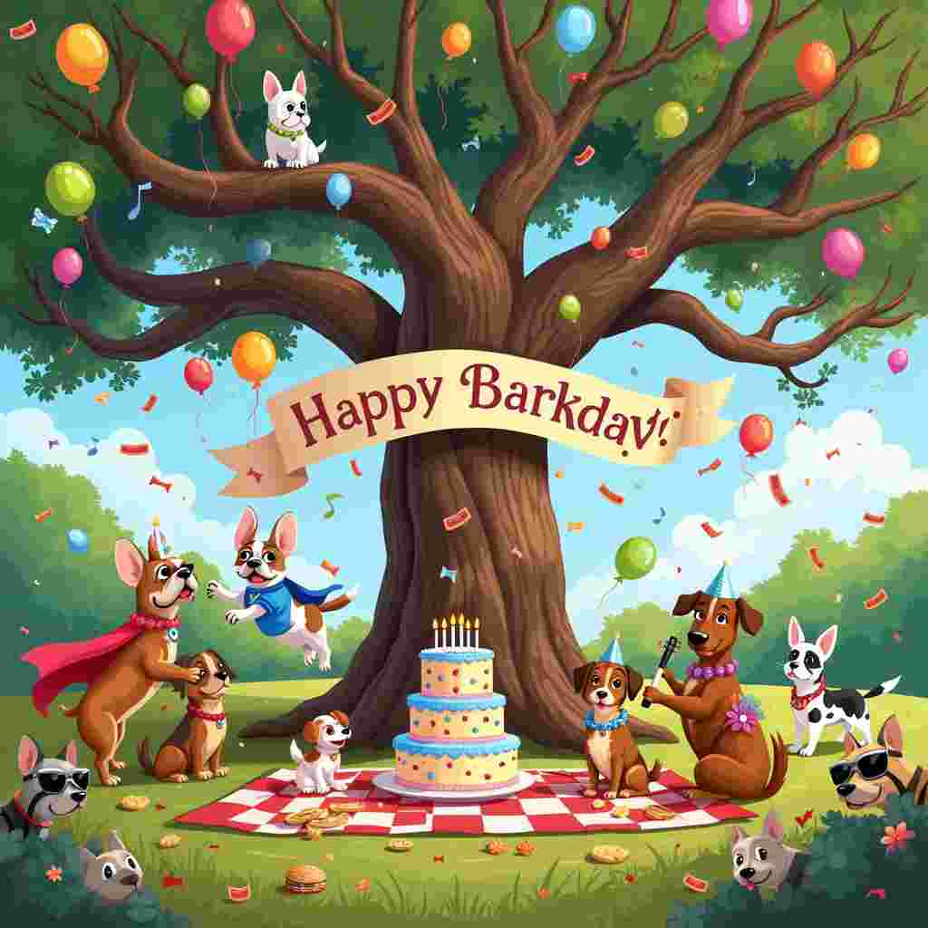 Imagine a whimsical park scene filled with the exuberance of canine festivities. The centerpiece of the card is a large, ancient oak tree with sprawling branches adorned with colorful birthday balloons and streamers that flutter in the gentle breeze. Below the tree, a large banner stretches across two trunks, reading "Happy Barkday!" in playful, paw-print letters.

In the foreground, an assortment of cartoon dogs, each with distinct and quirky personalities, are in the midst of a jovial celebration. A bulldog, with a party hat slightly askew, stands on its hind legs at a picnic table, enthusiastically swiping a pawful of birthday cake. The cake itself is a towering confection, frosted in bright blues and pinks, with bone-shaped candles lit and ready to be blown out.

Nearby, a pair of Dachshunds, dressed in tiny superhero capes, are tangled in a playful game of tug-of-war with a long string of sausages, their expressions a mix of determination and joy. Off to the right, a Poodle in a tutu performs a graceful pirouette, while an audience of small, wide-eyed puppies sits in rapt attention on a checkerboard blanket.

A trio of Beagles in matching Hawaiian shirts strum ukuleles, their ears flopping with the rhythm, while a Labrador Retriever sporting oversized sunglasses and a Hawaiian lei attempts to hula dance beside them. In the background, a Dalmatian stands triumphantly on a makeshift stage constructed of upturned picnic baskets, holding a megaphone and orchestrating the chaos with an air of comedic seriousness.

Scattered throughout the scene are whimsical touches that add to the story: a corgi in a chef’s hat flipping burgers on a tiny barbecue grill, a Chihuahua peeking out of a gift box wrapped in vibrant wrapping paper, and a Border Collie organizing a game of pin-the-tail-on-the-cat with a paper cutout pinned to another tree trunk.

Above, the sky is a bright, cloudless blue, with a rainbow arching across the scene, lending a touch of magic. Birds shaped like musical notes flit from branch to branch, as if providing the soundtrack to this delightful doggy gathering. The entire scene is framed by a border of bones and paw prints, adding a final touch of charm to this canine celebration.

Every element is brimming with detail and action, capturing a joyful and hilarious moment that is sure to bring a smile to anyone's face.
Generated with these themes: dogs.
Made with ❤️ by AI.