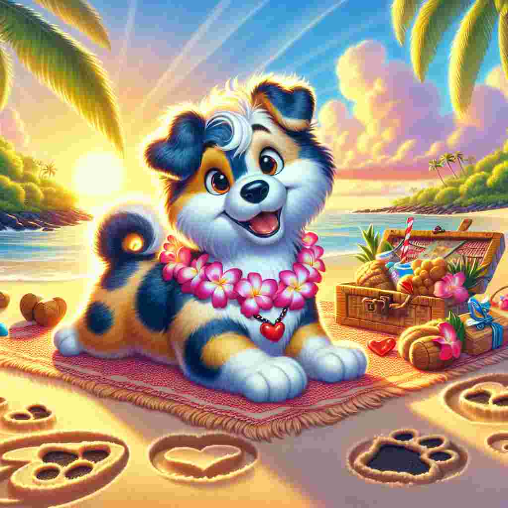 Imagine a playful Valentine's Day cartoon set on a radiant beach in Hawaii. The scene's protagonist is an endearing, fluffy dog with patches of blue and yellow, joyfully playing in the sand with a tropical lei garland around its neck. Etched into the sandy shoreline are hearts and paw prints left behind by the dog. Nearby, palm trees sway mildly, each embellished with uniquely heart-shaped coconuts. The sky is adorned with the tender glow of the setting sun, bathing a romantic picnic arrangement in its warm illumination. The picnic features Valentine's Day goodies, and a welcoming blanket laid out, just ready for two to enjoy.
Generated with these themes: Dog, Blue and yellow , and Hawaii .
Made with ❤️ by AI.