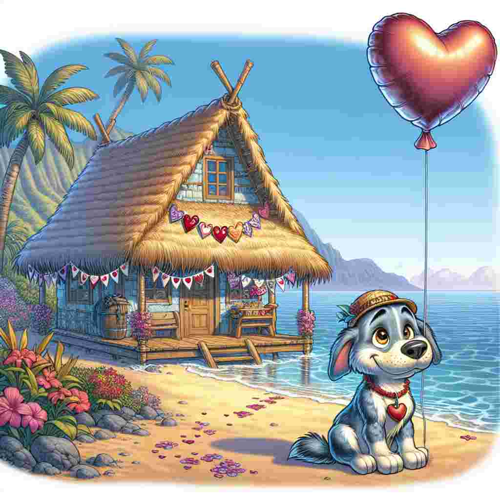 In a cartoon rendering of a peaceful corner in Hawaii, there is a lovable dog sitting; it has unusual coloring of blue and yellow and has a heart-shaped balloon tied to its collar. The dog is sitting attentively outside a cozy, thatch-roofed hut that is aside the Pacific Ocean. There are spirited decorations hanging from the house with figures of hearts and palm trees. The breeze off the ocean makes the bunting swing gently. The eyes of the dog exude warmth and love, reflecting the spirit of Valentine's Day. In the vicinity of the hut, there are tropical flowers growing with vigor, and a subtle trail of flower petals connects the house to the tranquil water of the ocean, suggesting a scenario of brewing celebration and romance.
Generated with these themes: Dog, Blue and yellow , and Hawaii .
Made with ❤️ by AI.