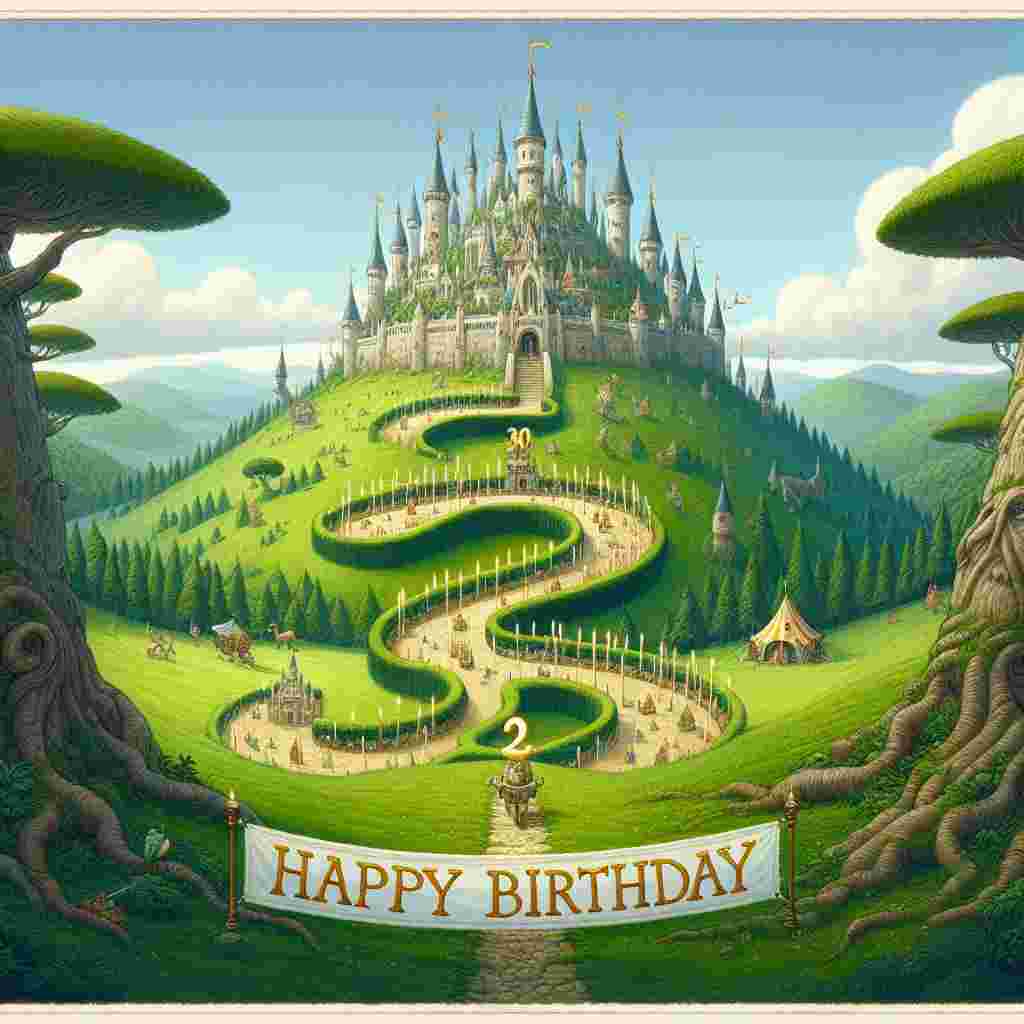 A cute cartoon illustration shows a fantasy landscape with a castle in the background. A banner in the foreground is draped between two trees, reading 'Happy Birthday', with a prominent '30' shaped path leading up to the castle's main gate.
Generated with these themes: 30th  .
Made with ❤️ by AI.