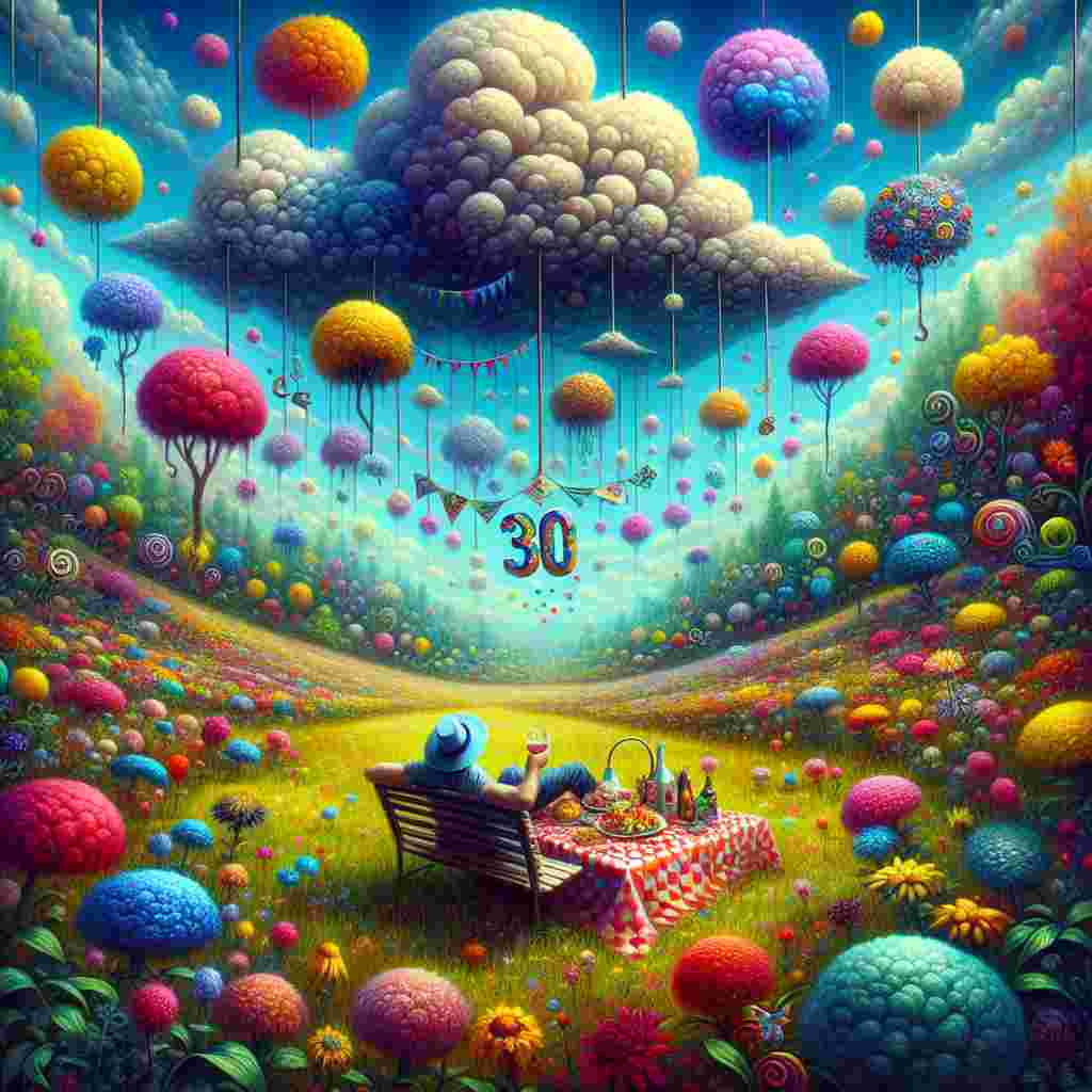 An outdoor scene where a character sits in the center of a flower field, a picnic laid out in front with a banner swaying in the breeze displaying the message 'Happy Birthday'. Above, the sky is filled with fluffy clouds that form the number '30'.
Generated with these themes: 30th  .
Made with ❤️ by AI.