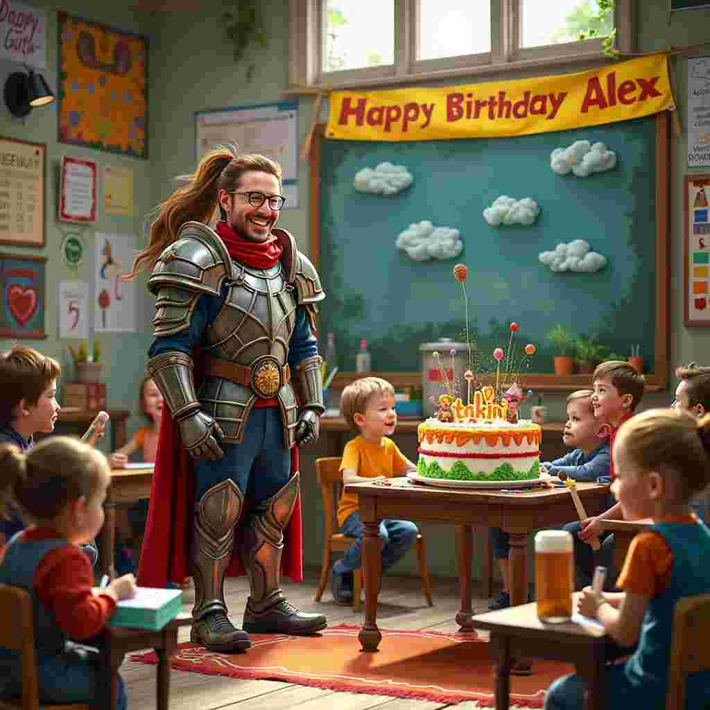 Picture a whimsical, bustling classroom that harmonizes elements from the world of Warhammer and early education. The scene is filled with delightful contradictions and storytelling details. At the center of the image stands Alex, a male teacher with long, flowing hair tied back in a neat ponytail. He sports round glasses that catch the glint of classroom lights, and he's laughing heartily. Alex is wearing a quirky Warhammer-inspired suit of armor, but instead of being made from metal, it's made from brightly colored foam and cardboard, reflecting his creative teaching style.

To his left, there's a rustic, old wooden table adorned with an oversized birthday cake. The cake is intricately decorated with miniature Warhammer figures and terrain made of frosting, and on top, the words "Happy Birthday Alex" are spelled out in edible letters, with tiny fireworks bursting out from the edges.

Behind Alex, the classroom walls are covered in colorful posters of alphabets and numbers, blending seamlessly with hand-drawn maps of Warhammer territories. On a small shelf nearby, toy soldiers are meticulously arranged in battle formations, their weapons replaced with rulers and crayons.

On the right side of the scene, a group of young children sit on a rug, gazing up at Alex in admiration. They’re holding their own makeshift Warhammer gear, crafted from construction paper and glue. One child clutches a small toy guitar, hinting at Alex’s musical inclinations. Above this group, hanging from the ceiling, is a banner that reads "Happy Birthday Alex" in bright, cheerful letters.

In the corner, a chalkboard displays a humorous lesson plan that merges Warhammer lore with basic reading and math skills. There's a pint-sized, intricately designed beer stein on Alex's desk, a playful nod to his off-duty relaxation. A soft light filters through the windows, illuminating a series of whimsical clouds outside, each shaped like various Warhammer creatures, adding to the fantastical atmosphere.

The scene is rich with details, from the tiny giggles of the children to the elaborate decorations that bring together the themes of Warhammer, teaching, and celebration in a delightful tableau.
Generated with these themes: Warhammer, Early years Teacher , Beer, Long hair, Glasses, Guitar, Male teacher , and Laugh.
Made with ❤️ by AI.