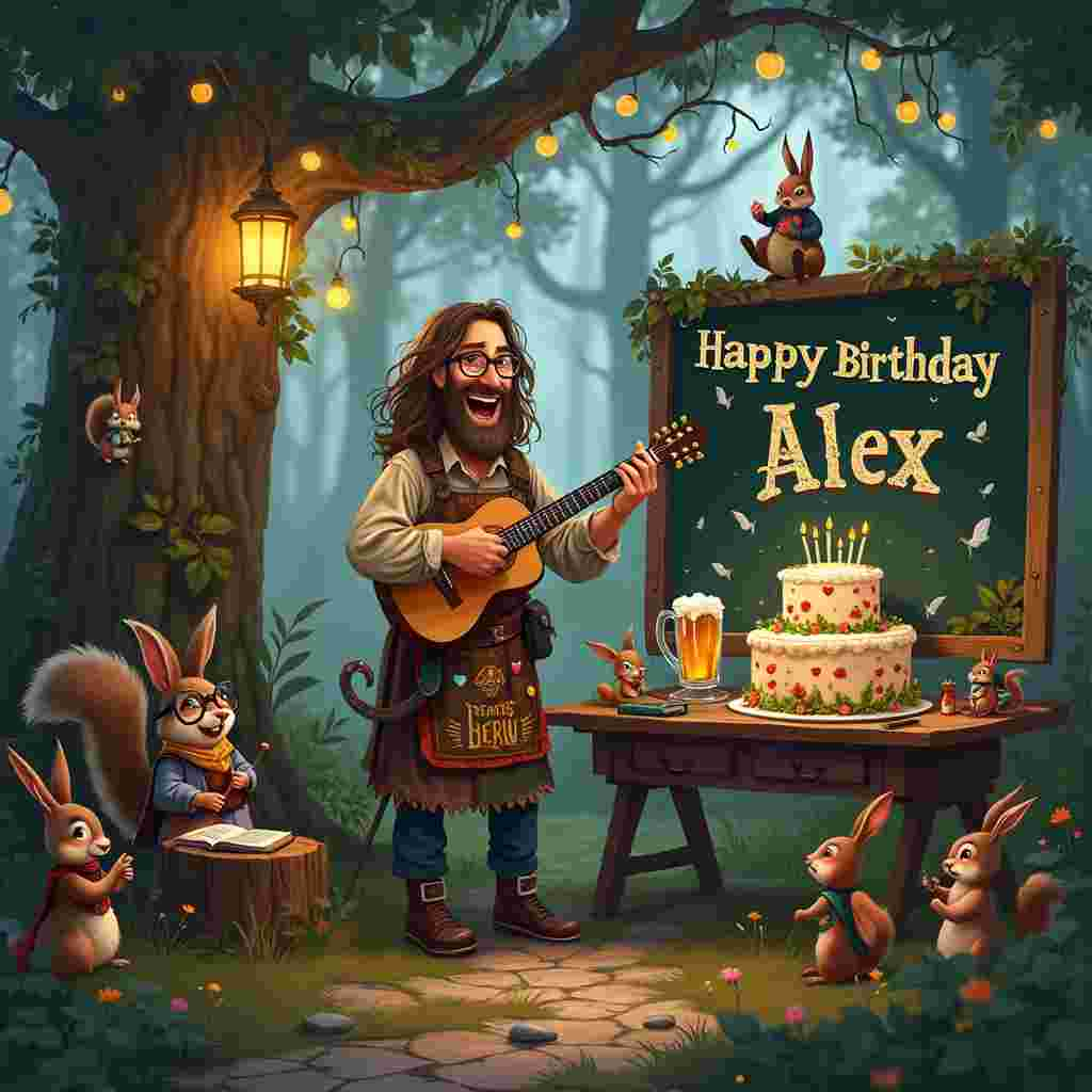 Picture a bustling, whimsical classroom set in an enchanted forest. At the center of the scene, a jovial male teacher with long flowing hair, round glasses, and a hearty laugh stands beside an easel. He's clad in a patchwork apron adorned with miniature Warhammer figures, some of which seem to come alive and march around the easel. The teacher is strumming a worn, acoustic guitar with colorful stickers while his students, tiny woodland creatures and children alike, gather around, laughing and clapping along. 

On the teacher’s desk, there’s a half-empty mug of frothy beer, with a label that reads "Teacher's Brew." To the right of the desk, a massive, intricately decorated birthday cake sits on a tree stump. The cake is topped with lit candles and a banner made of vines and flowers spelling out "Happy Birthday Alex" in elegant, golden letters.

In the background, a medieval-style blackboard features chalk drawings of Warhammer battles. The trees surrounding the classroom are festooned with fairy lights and paper lanterns. High in the branches, the name "Alex" is spelled out again in large, leafy letters that look as if they’ve grown naturally from the branches. 

Suspended from a branch above the teacher’s head is an old, leather-bound book with glowing, ethereal pages that cast a magical light over the entire scene. To the left, a young squirrel wearing tiny spectacles and a little cape holds a small guitar, mimicking the teacher. A nearby rabbit, clutching a pint-sized mug of beer, looks up adoringly at the teacher while a tiny Warhammer figure perched on the rabbit’s shoulder appears to be leading an army.

The forest floor is covered in a tapestry of fallen leaves and wildflowers, creating a natural carpet where all the elements of this enchanting classroom seamlessly blend together. Above the entire scene, fluffy clouds swirl to form the shape of musical notes and whimsical patterns, hinting at the laughter and music filling the air. 

This birthday greeting card captures a vibrant, magical world where Warhammer, teaching, music, and merriment come together to celebrate Alex’s special day.
Generated with these themes: Warhammer, Early years Teacher , Beer, Long hair, Glasses, Guitar, Male teacher , and Laugh.
Made with ❤️ by AI.