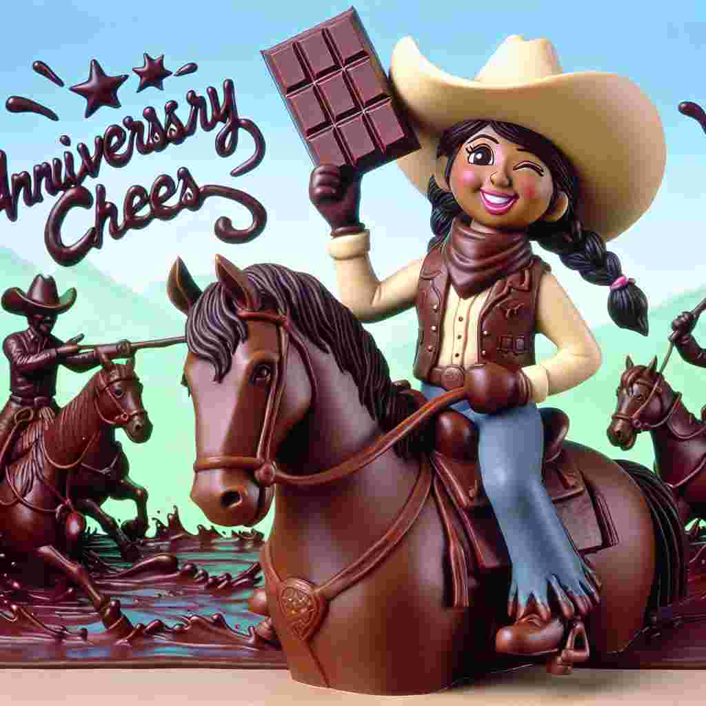 Illustrate a scene of an anniversary celebration starring a joyful cowgirl of Hispanic descent astride her trusty horse, both donning oversized cowboy hats crafted out of chocolate. The cowgirl and her horse are in the midst of a cheerful cavalcade of horses performing a lively hoedown dance. In the backdrop, the sky is smeared with chocolate, forming the words 'Anniversary Cheers'. As a tribute to many sweet years to come, she casually tips her hat, winking, and raises a bar of chocolate as if offering a toast.
Generated with these themes: Cowgirl, Chocolate , and Horses.
Made with ❤️ by AI.