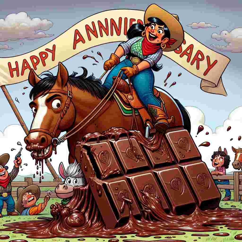 Illustrate a funny scene where a Hispanic cowgirl is standing victoriously on a giant, comical chocolate bar, catching her dependable horse off guard. The horse has a playful glint in its eyes, and it's nibbling at a corner of the chocolate. In the background, a banner waves in the wind, reading 'Happy Anniversary'. A group of horses, of various breeds, can be seen joining the celebrations, some with chocolate stains around their mouths, implying they've taken part in the sugary feast.
Generated with these themes: Cowgirl, Chocolate , and Horses.
Made with ❤️ by AI.