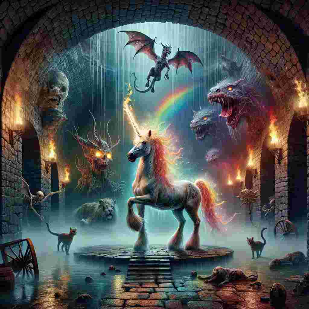 Imagine a fantastical birthday scene set within a dim, mysterious dungeon. A zombie unicorn, with a fiery mane and sparking hooves against the moist stone floor, stands prominently. Hovering above is a zombified dragon, its wings cloaked in uncanny flames and casting a wavering light onto the jagged walls. The dungeon's atmosphere is filled with a spectral rainbow that pierces the darkness, shedding light on an undead feline skulking among the ruins. All these elements, woven together with a theme of dark fantasy, engender a birthday celebration that is both eerie and imposing.
Generated with these themes: Zombie unicorn, Zombie dragon, Dungeon, Rainbow, Zombie cat, Fire, and Dark fantasy.
Made with ❤️ by AI.