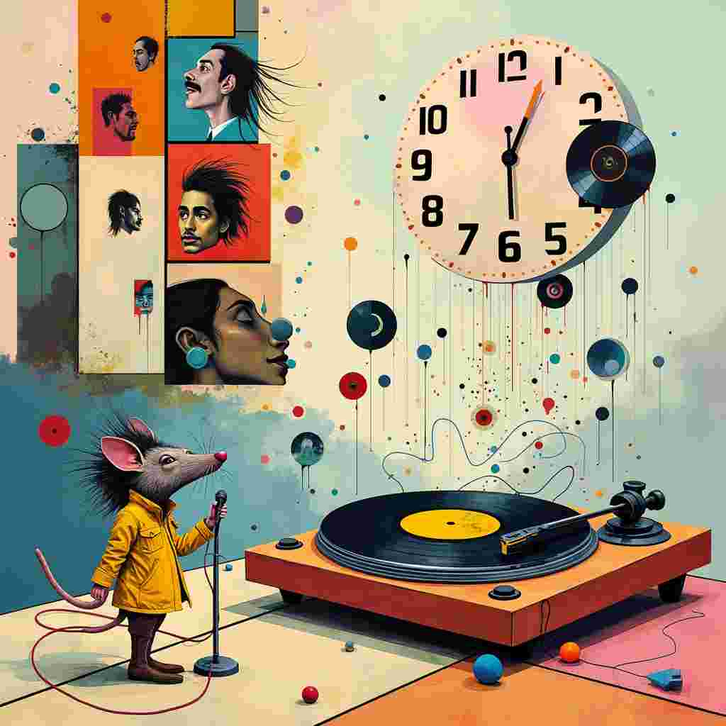 The scene is a whimsical, chaotic celebration of surrealism and iconic references. At the heart of the composition, there is a large, abstract turntable inspired by Kandinsky's geometric shapes, with vibrant, angular forms representing records and CDs spinning wildly. Hovering over this turntable is a fantastical clock, straight out of "Back to the Future," its hands melting in a nod to Salvador Dalí, symbolizing the bending of time.

To the left, a towering, grid-like structure reminiscent of Mondrian's work holds a series of suspended, translucent squares, each containing a miniature portrait of Brian May, Freddie Mercury, and Roger Taylor, their iconic hairstyles rendered in Rothko-esque color blocks. These squares float above a fragmented, Pollock-inspired backdrop splattered with colorful, erratic lines that represent musical notes and sound waves.

In the foreground, a whimsical caricature of Dangermouse is seen, drawn with de Kooning's fluid, dynamic strokes, holding a microphone made of Cy Twombly's scribbles and scrawls, as if about to sing. Around him, musical notes created from Miró's playful, organic shapes float in the air, intermingling with small, abstracted guitars and drum sets.

Towards the right, there's a sleek, semi-transparent Delorean car from "Back to the Future," rendered in Malevich's Suprematist style with bold, contrasting colors and simplified forms. Its doors are open, and inside, a spectral image of Freddie Mercury, dressed in his iconic yellow jacket, is belting out a song, his presence ethereal and energetic.

Above this scene, swirling, cloud-like forms in soft pastels, inspired by Agnes Martin’s serene lines, envelope the top of the card, creating a dreamlike canopy. Gerhard Richter-inspired blurred streaks of color cut across the scene horizontally, giving a sense of motion and vibrancy, tying all the elements together in a harmonious yet chaotic symphony.

This card is a vivid tapestry of music, nostalgia, and artistic homage, making it a unique birthday greeting that tells a captivating, surreal story.
Generated with these themes: Brian may, freddie mercury, roger taylor, Music, records, cds, Singing, back to the future, , and Dangermouse.
Made with ❤️ by AI.