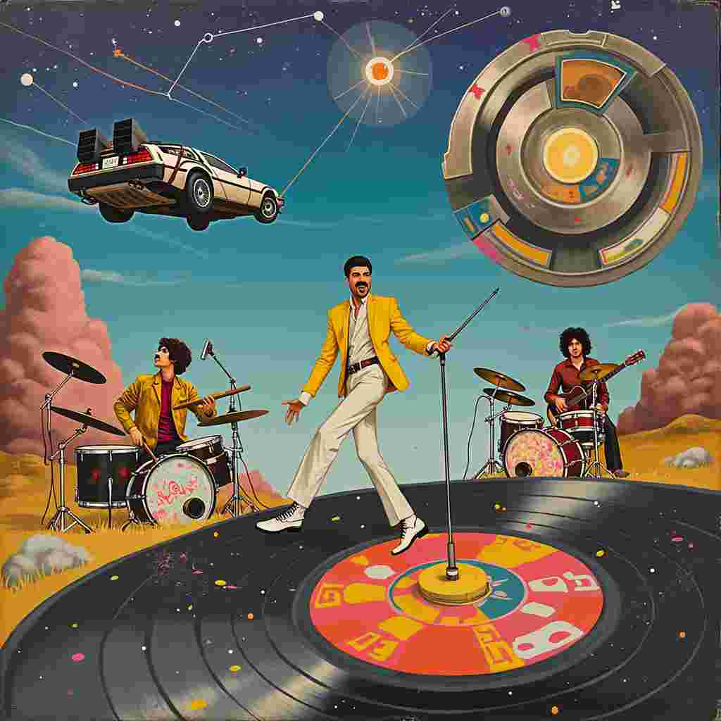 Imagine a fantastical landscape where the boundaries between time, music, and animation blur into an otherworldly birthday celebration. At the center of the scene is a giant vinyl record, painted with concentric circles in vivid, Kandinsky-inspired hues, spinning in the air. Hovering just above this record, Freddie Mercury, dressed in his iconic yellow jacket and white pants, is captured mid-dynamic pose, microphone in hand, belting out an invisible tune.

To Freddie’s right, an abstract, cubist version of Brian May’s signature curly hair and red special guitar can be seen, with geometric, Mondrian-esque lines radiating from his figure, suggesting musical waves and energy. His guitar strings are whimsically transformed into a series of wavy, colorful lines reminiscent of Cy Twombly's freeform squiggles.

Roger Taylor sits to the left, behind a surreal drum set made up of floating, splattered shapes reminiscent of Jackson Pollock's style, each drum head a mini-canvas of chaotic, energetic color. His drumsticks are elongated, almost stretching across the scene, emphasizing his rhythmic contribution.

In the background, a fragmented DeLorean from "Back to the Future" hovers mid-air, its trails rendered as thick, abstract strokes echoing Willem de Kooning's dynamic brushwork. Hovering above the car, a giant CD rotates slowly, with the cover art morphing into various famous Queen album covers.

In the sky, a playful tribute to Dangermouse appears as a constellation, with stars connecting to form the familiar silhouette of the cartoon hero. The sky itself is a Rothko-inspired gradient of deep purples and blues, seamlessly blending into each other, lending an ethereal backdrop to the scene.

Surrounding the characters and objects, Gerhard Richter-inspired streaks of color dash across the card, merging elements together and giving a sense of fluid motion and interconnection. Agnes Martin's influence is subtly seen in the thin, meticulous grid pattern that overlays parts of the scene, tying together the various elements with a hidden structure.

This surreal birthday scene melds the iconic with the abstract, the musical with the fantastical, capturing a moment where time and genres collide in celebration.
Generated with these themes: Brian may, freddie mercury, roger taylor, Music, records, cds, Singing, back to the future, , and Dangermouse.
Made with ❤️ by AI.