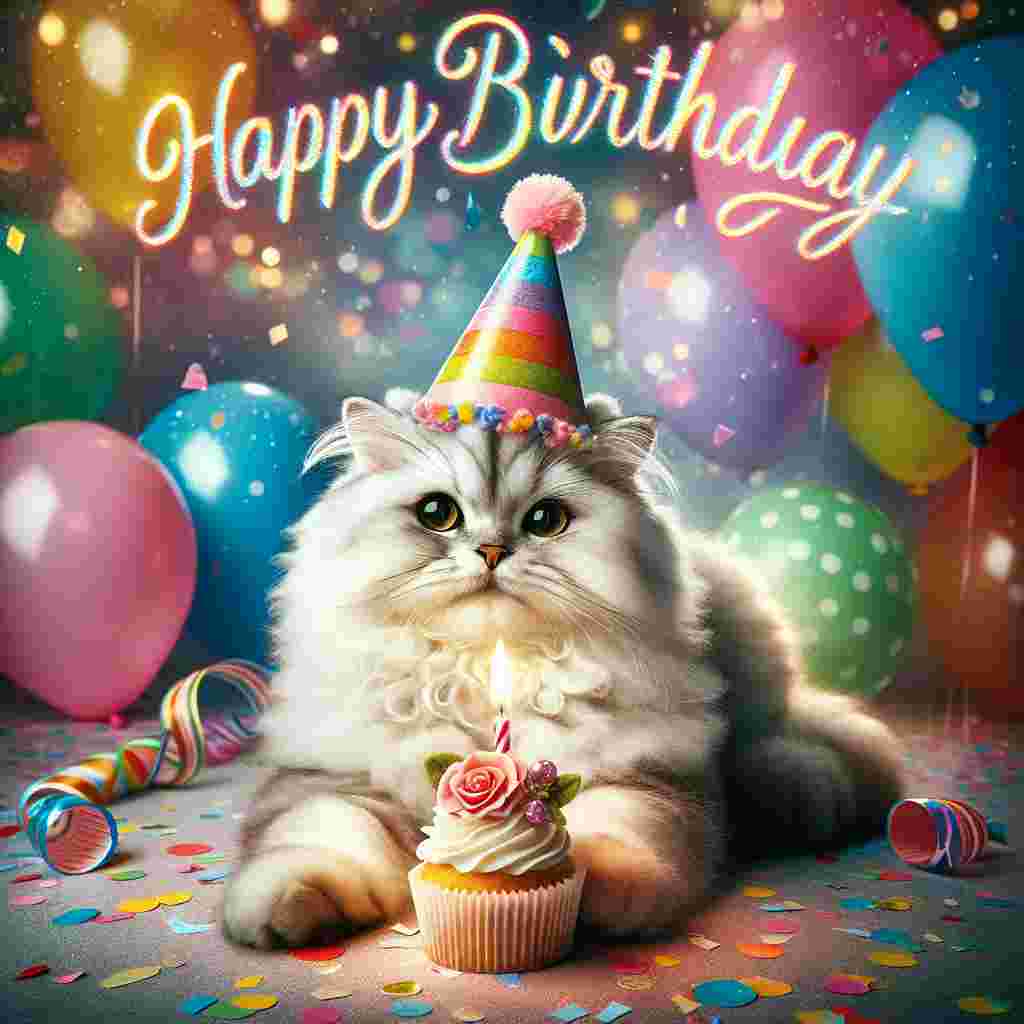 A sweet American Curl cat wearing a festive party hat sits in the center of the birthday card. Vibrant balloons and confetti float around as the fluffy cat holds a tiny cupcake with a single lit candle. Above the adorable scene, the words 'Happy Birthday' are scrawled in a playful, colorful font.
Generated with these themes: American Curl Birthday Cards.
Made with ❤️ by AI.