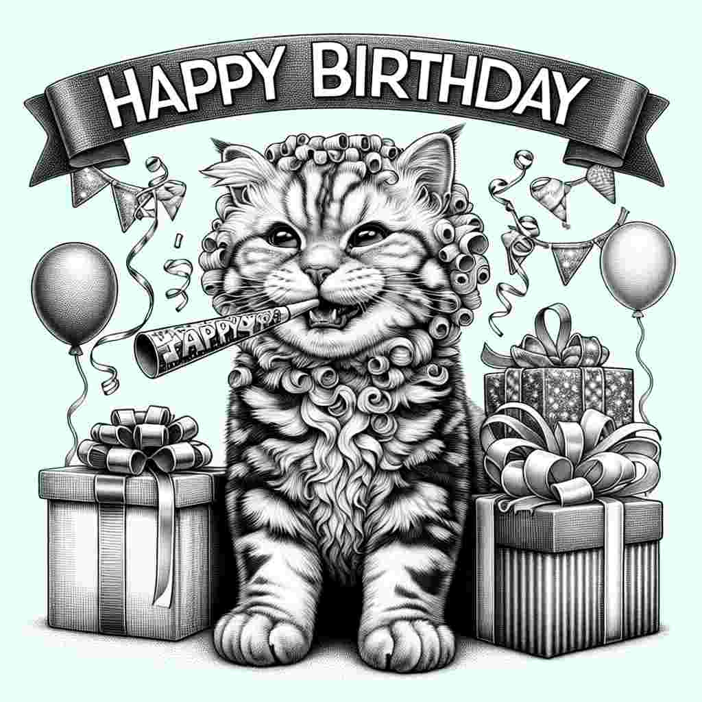 The scene depicts an American Curl cat with its distinctive curled ears, surrounded by a bunch of colorfully wrapped birthday gifts. The cat has a joyous expression and a party blower in its mouth. In the background, a banner that reads 'Happy Birthday' in bold letters stretches across the top of the card.
Generated with these themes: American Curl Birthday Cards.
Made with ❤️ by AI.