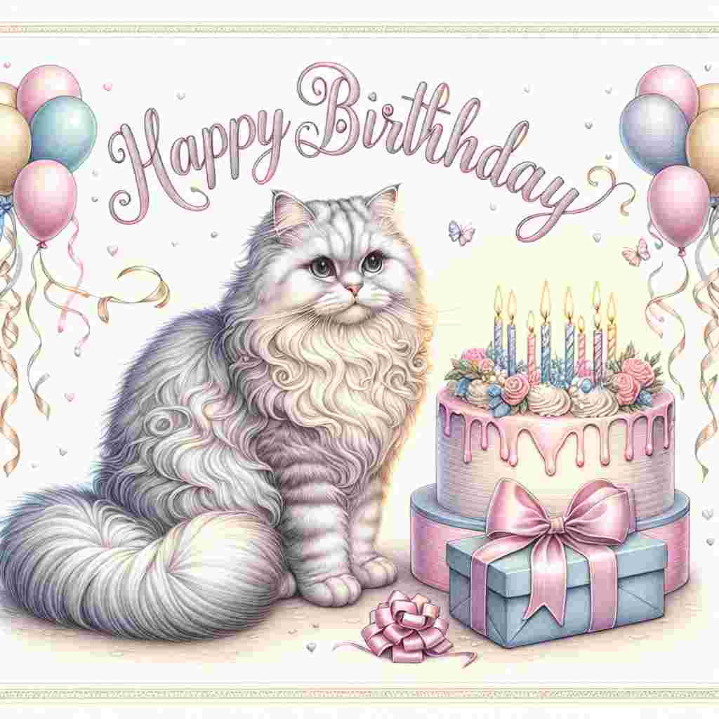 In this charming illustration, an American Curl cat sits beside a large birthday cake topped with candles. The cat's tail is curled around a present tied with a bow. The scene is adorned with soft pastel decorations and streamers, and above the cat, 'Happy Birthday' is written in elegant cursive.
Generated with these themes: American Curl Birthday Cards.
Made with ❤️ by AI.