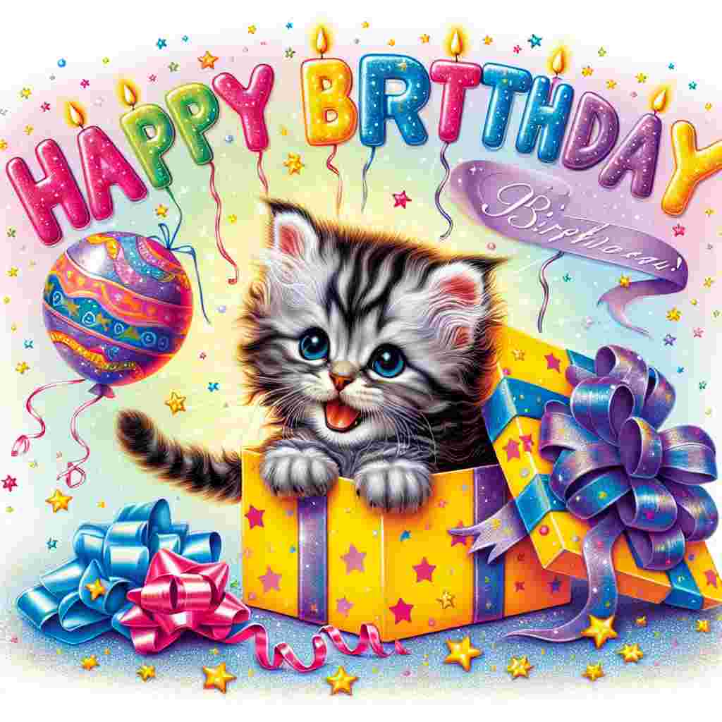 An American Curl kitten playfully pounces out of a gift box on this birthday card. Shimmering ribbons and a scatter of stars add a magical touch to the scene. A cheerful 'Happy Birthday' greeting appears above, with balloons in the shape of letters floating whimsically around the card's border.
Generated with these themes: American Curl Birthday Cards.
Made with ❤️ by AI.