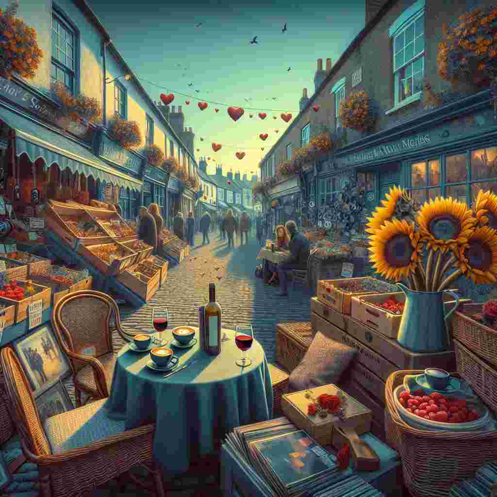 Visualize an idyllic street in an English market town, brimming with the atmosphere of Valentine's Day. In the center, a table set for two sits outside a quaint café, furnished with sips of red wine and cups of frothy cappuccinos, suggesting an intimate chat. Surrounding this cozy setup, sunflowers exude joy at a nearby fruit and vegetable stall, under the gentle caress of a cerulean sky. Not far off, music enthusiasts sift through stacks of vinyl at a local booth, while a series of charity shops reflect the town's spirit of compassion. The image embodies a romantic celebration merged with daily life, creating an enchanting Valentine's Day scene.
Generated with these themes: Table set for two outside a café, Vinyl records stall, English market town street, Fruit and vegetable stall, Love, Sunflowers, Blue sky, Cappuccino, Red wine, and Charity shops.
Made with ❤️ by AI.