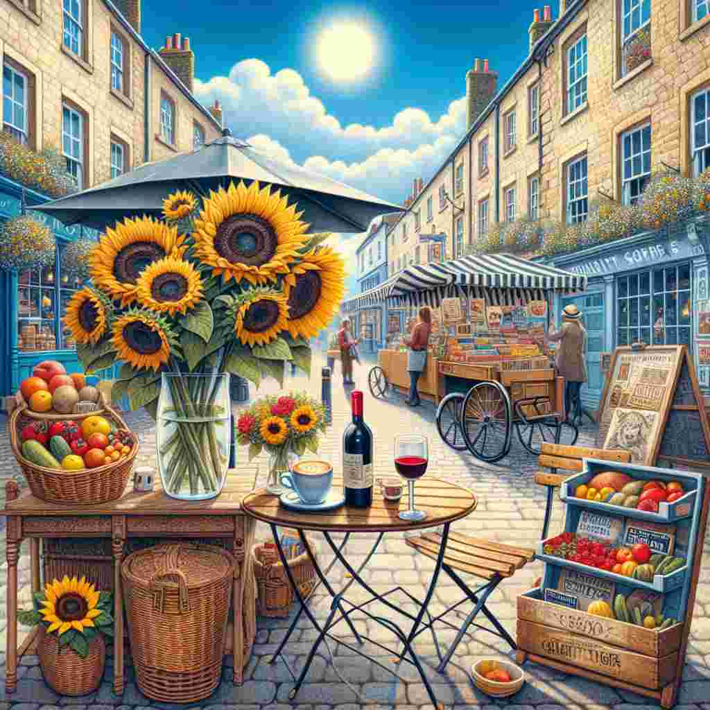 Create an image of a Valentine's Day scene full of whimsy set on the streets of an English market town. There's a cozy outdoor table for two outside a quaint café, with hot cappuccinos and a bottle of red wine indicating a romantic meeting. The air is permeated with the fragrance of sunflowers from a nearby fruit and vegetable stand, which offers a pop of vivid yellow under a cloudless blue sky. In proximity, a stall selling vinyl records provides a touch of nostalgia. The neighboring charity shops invite those passing by to unearth hidden treasures. The scene embodies a sense of love and community, evoking a warm and comforting ambiance.
Generated with these themes: Table set for two outside a café, Vinyl records stall, English market town street, Fruit and vegetable stall, Love, Sunflowers, Blue sky, Cappuccino, Red wine, and Charity shops.
Made with ❤️ by AI.
