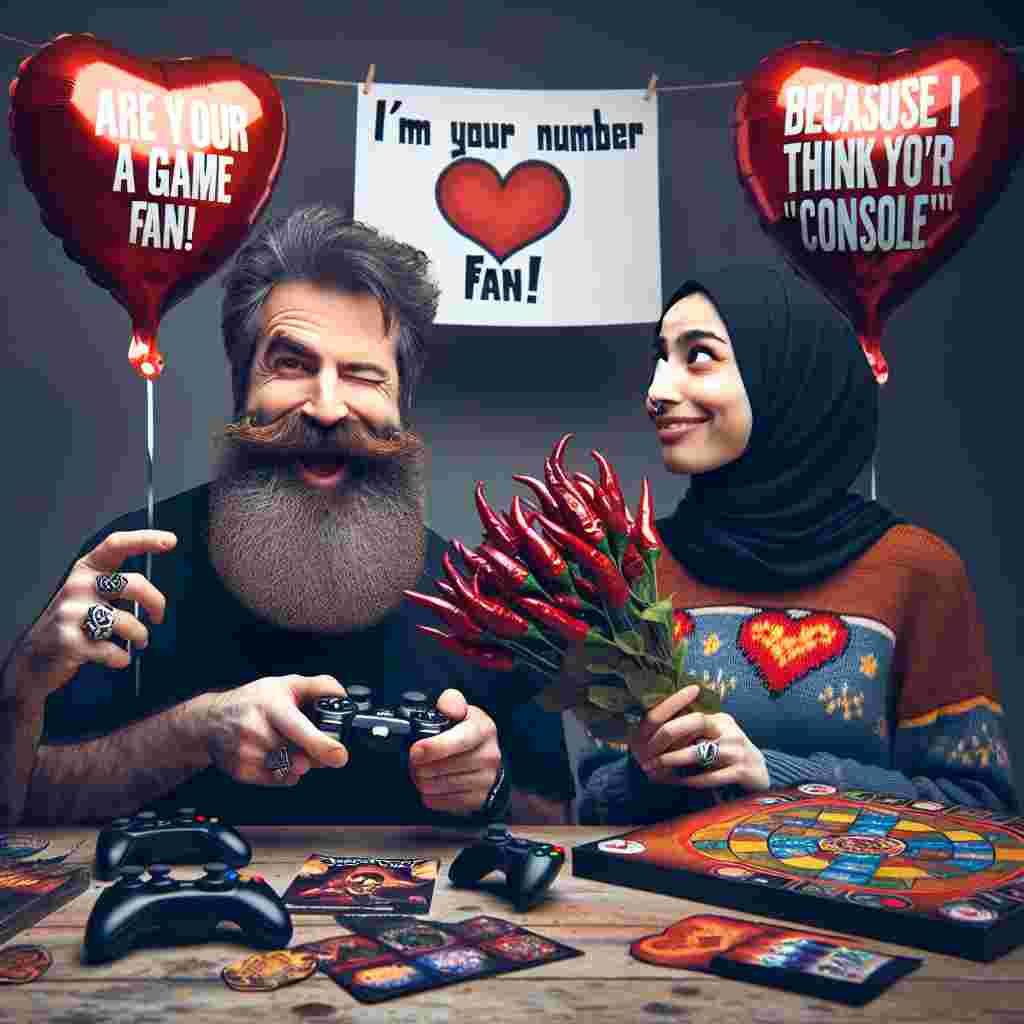 In this whimsical Valentine's Day moment, a Caucasian man with an exaggerated, humorous beard winks while presenting a bouquet of spicy chillies to his amused Middle-Eastern female partner. Overhead, a banner designed in a heavy metal font states 'I'm your number one fan!', accompanied by heart-shaped balloons featuring playful dad jokes such as 'Are you a game? Because I think you're 'console'-ing.' Scattered around their feet are board games and video game controllers, laying the foundation for a night filled with fun rivalry.
Generated with these themes: Beards, chilli, heavy metal, dad jokes, games.
Made with ❤️ by AI.
