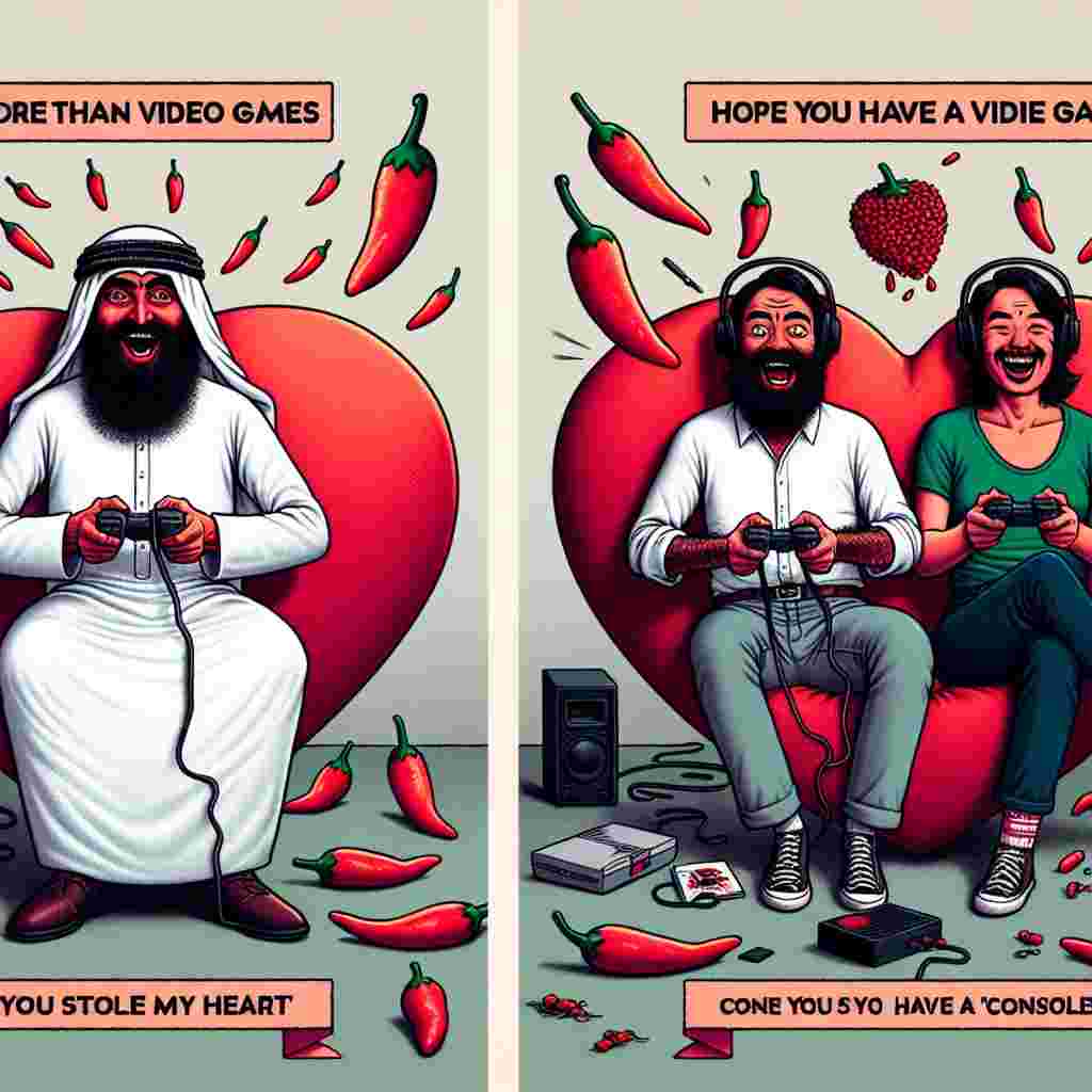 An image depicting a Middle-Eastern man and an Asian woman sitting together on a heart-shaped couch. Both of them, in a humorous twist, have prominent beards. They are surrounded by floating chilli peppers and are headbanging in response to heavy metal music. On the wall behind them is a poster with the words 'I love you more than video games'. Just below, a dad joke is written: 'You stole my heart, hope you have a 'console'.
Generated with these themes: Beards, chilli, heavy metal, dad jokes, games.
Made with ❤️ by AI.