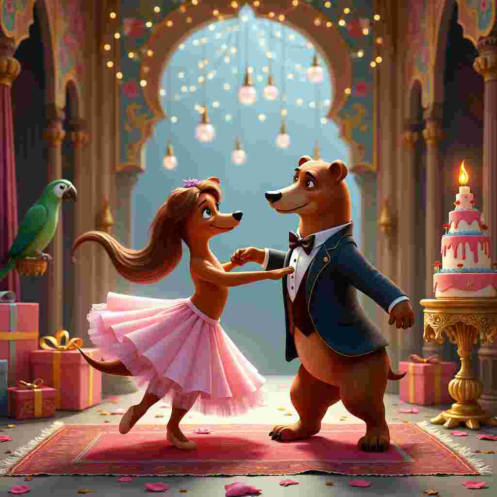 In the foreground of the birthday greeting card cover, a whimsical scene unfolds on a meticulously detailed Disney Aladdin set. The backdrop is an elaborate recreation of the Sultan's palace with towering golden minarets, grandiose arched doorways, and vibrant hanging lanterns casting a soft glow. Center stage, a dapper sausage dog ballerina and a suave bear are caught mid-dance. The sausage dog, standing on hind legs, is elegantly twirling in a frilly pink tutu, with delicate ballet slippers tied around her tiny paws. Her long, silky brown hair is flowing behind her as she pirouettes gracefully. Beside her, the bear—sporting slicked-back brown hair that glistens under the stage lights—is clad in a sharp tuxedo complete with a bow tie, one paw around the sausage dog's waist and the other extended outward in a classic dance pose.

The pair dances atop an intricately patterned Persian rug that floats above the palace floor, reminiscent of Aladdin’s magical carpet. Scattered around them are colorful, oversized birthday presents wrapped in shimmering paper and tied with exuberant bows, hinting at the celebration. Above, a cascade of twinkling fairy lights strung between the palace's columns adds an enchanting sparkle to the scene. In the background, a cheeky parrot, reminiscent of Iago, perches on a golden cage, squawking cheerfully. To one side, a birthday cake—towering and multi-tiered—sits on a small, ornately carved table, topped with a mini Aladdin-themed castle made of sugar and icing. The candles on the cake are aglow, ready to be blown out by the birthday celebrant, further cementing the festive atmosphere.
Generated with these themes: Sausage dog ballerina dancing with a bear, Birthday , Funny, Look human like, Dancing on a Disney Aladdin set , Bear has slick back brown hair, and Dog has long brown hair.
Made with ❤️ by AI.