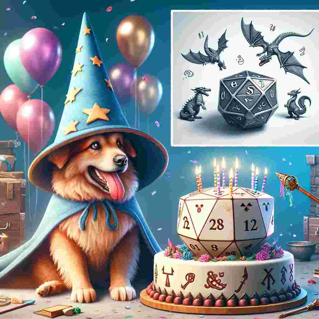 Create an enchanting birthday scene featuring a jubilant dog dressed in a wizard's hat, seated next to a birthday cake modeled after a Dungeons & Dragons dice. The image is filled with touches of fantasy elements. Shifting your eye would reveal miniature dragons grasping balloons in their claws, and mystical symbols showering down like confetti. Each aspect of the picture contributes to forge an environment filled with charm and mystery.
Generated with these themes: Dungeons and dragons, and Dog.
Made with ❤️ by AI.