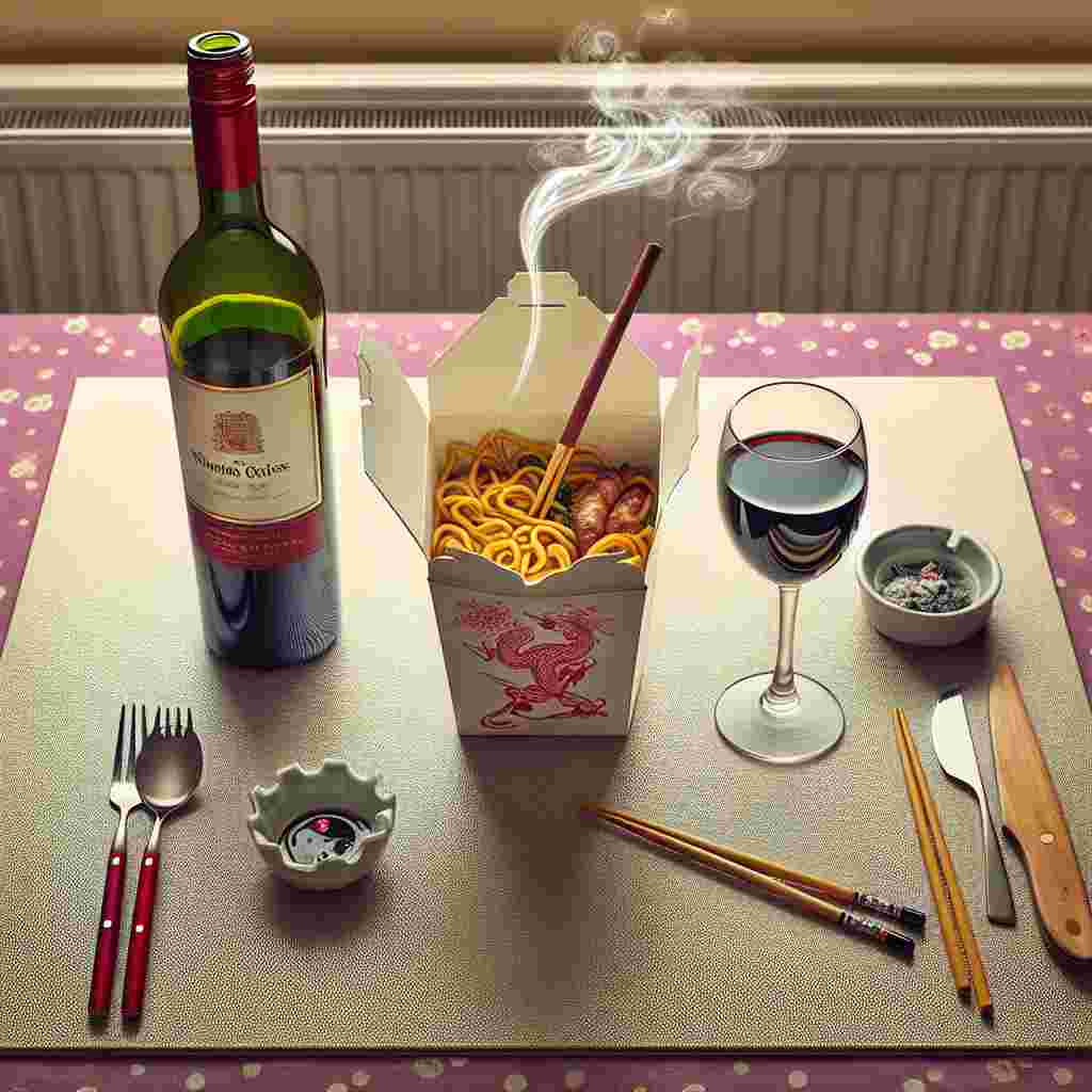 Create an image of a cozy kitchen table, set with Mother's Day in mind, albeit without depicting any human figure. At the centre, picture a bottle of red wine with a filled glass beside it, implying a celebratory mood. An open Chinese takeaway box brimming with noodles and chopsticks lie on a posh placemat, hinting at an easygoing dinner. To add another layer of fascination, draw an ashtray containing a lit cigarette nearby, with a trial of smoke wafting upwards, possibly suggesting a moment of solitude and indulgence.
Generated with these themes: Wine, Cigarettes , and Chinese Takeaway.
Made with ❤️ by AI.